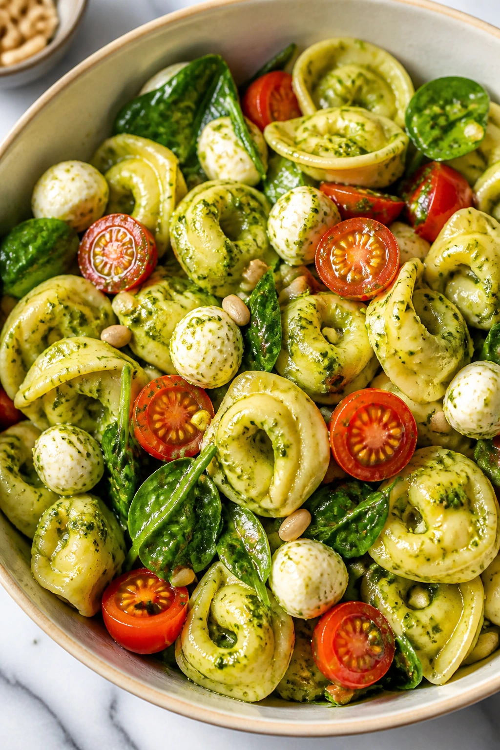 Close-up of pesto tortellini salad with tomatoes mozzarella and spinach