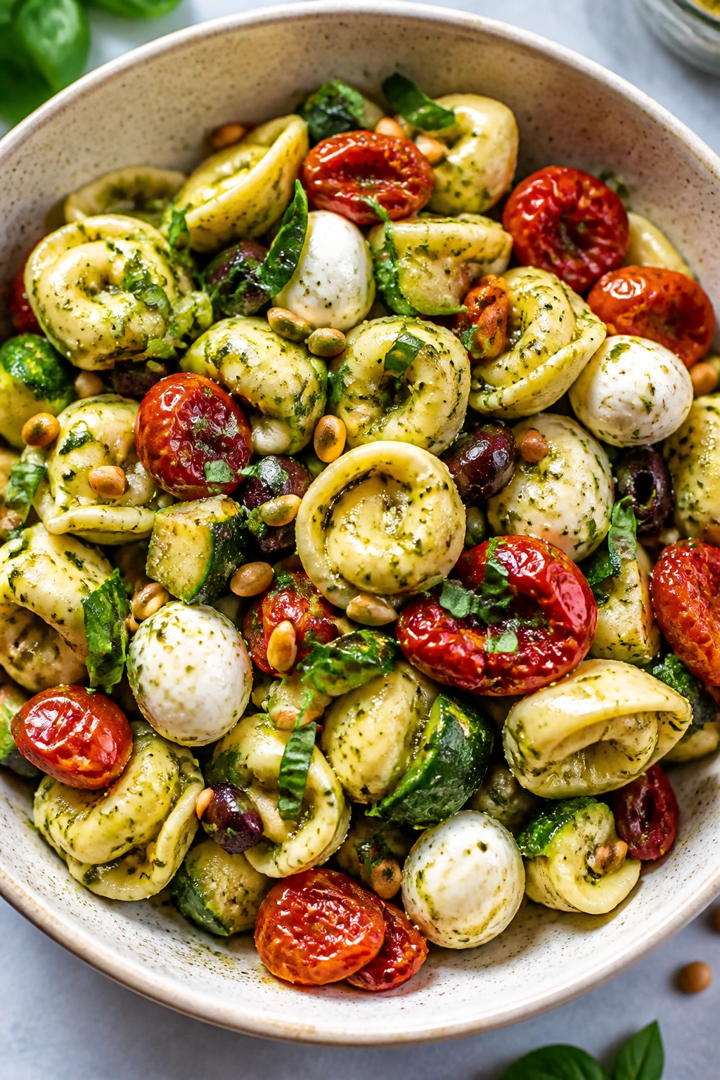 Close-up of pesto tortellini salad with roasted tomatoes and basil on a bright kitchen counter