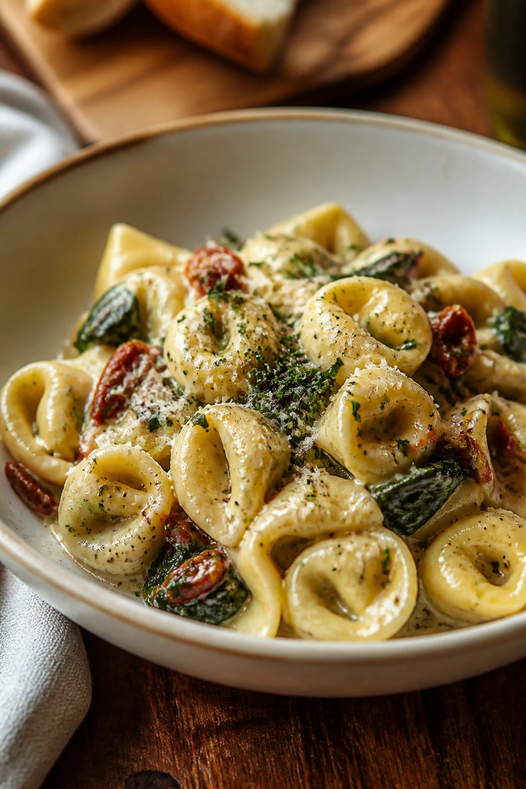 Plated tortellini in a shallow bowl on a wooden table