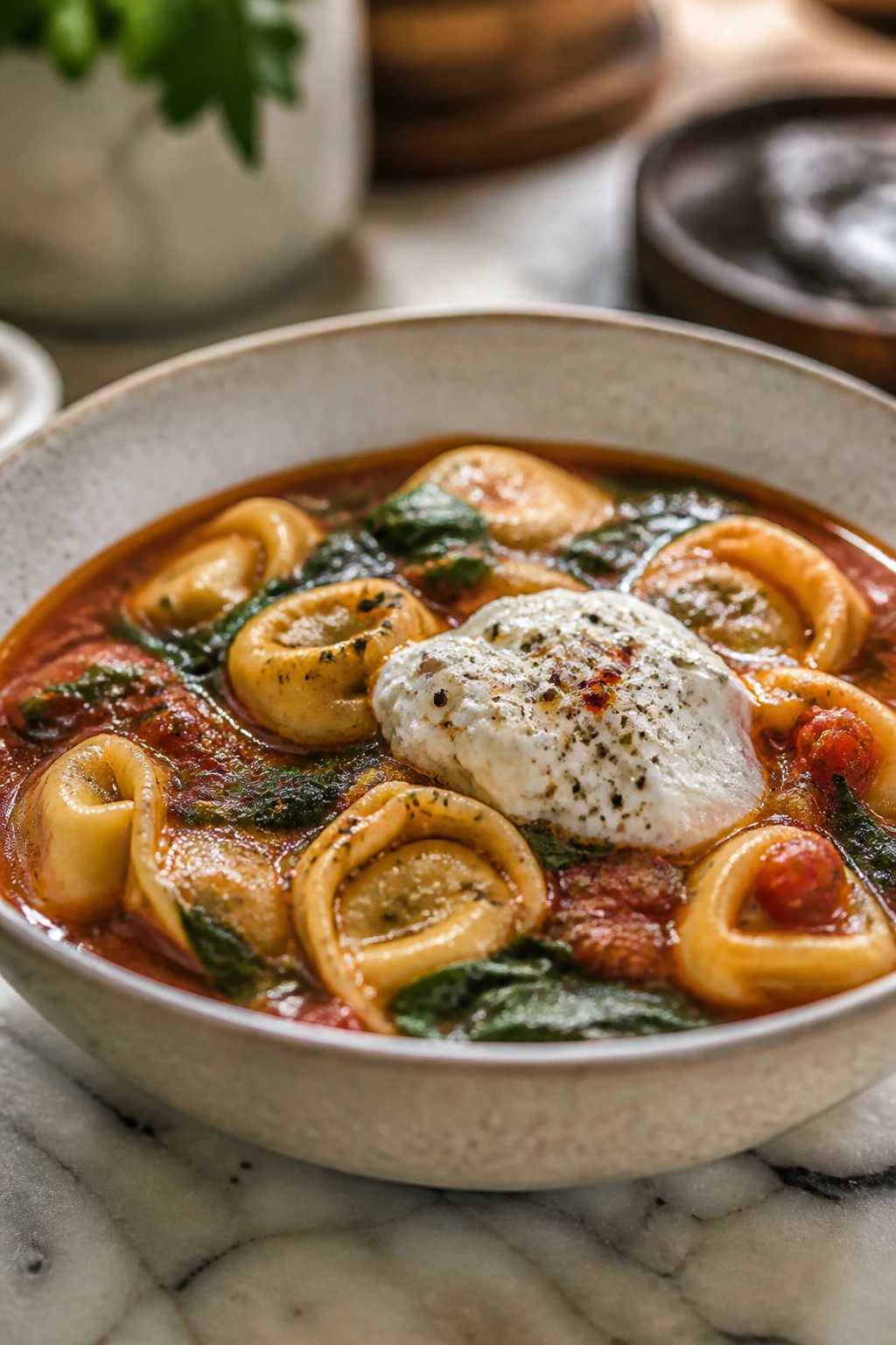 Ricotta spinach tortellini in tomato broth with spinach