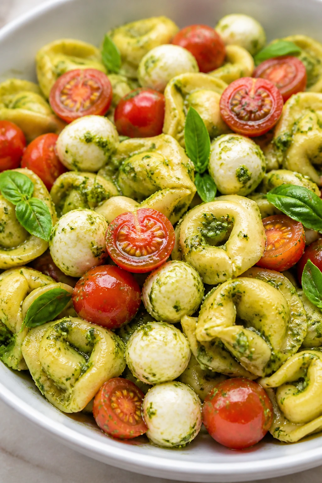 Close-up of pesto tortellini salad with cherry tomatoes and mozzarella