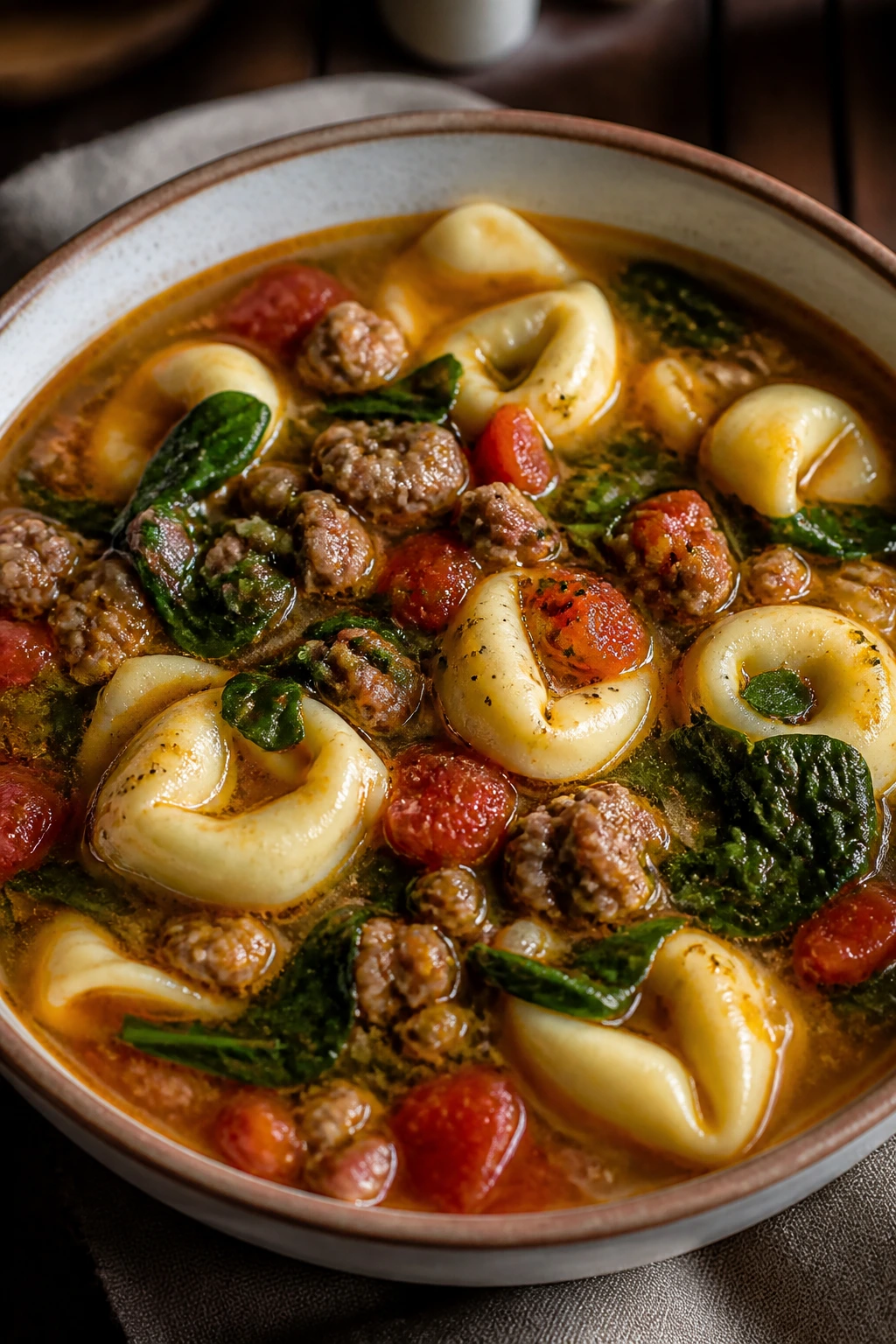 Steaming bowl of tortellini sausage soup with tomato broth
