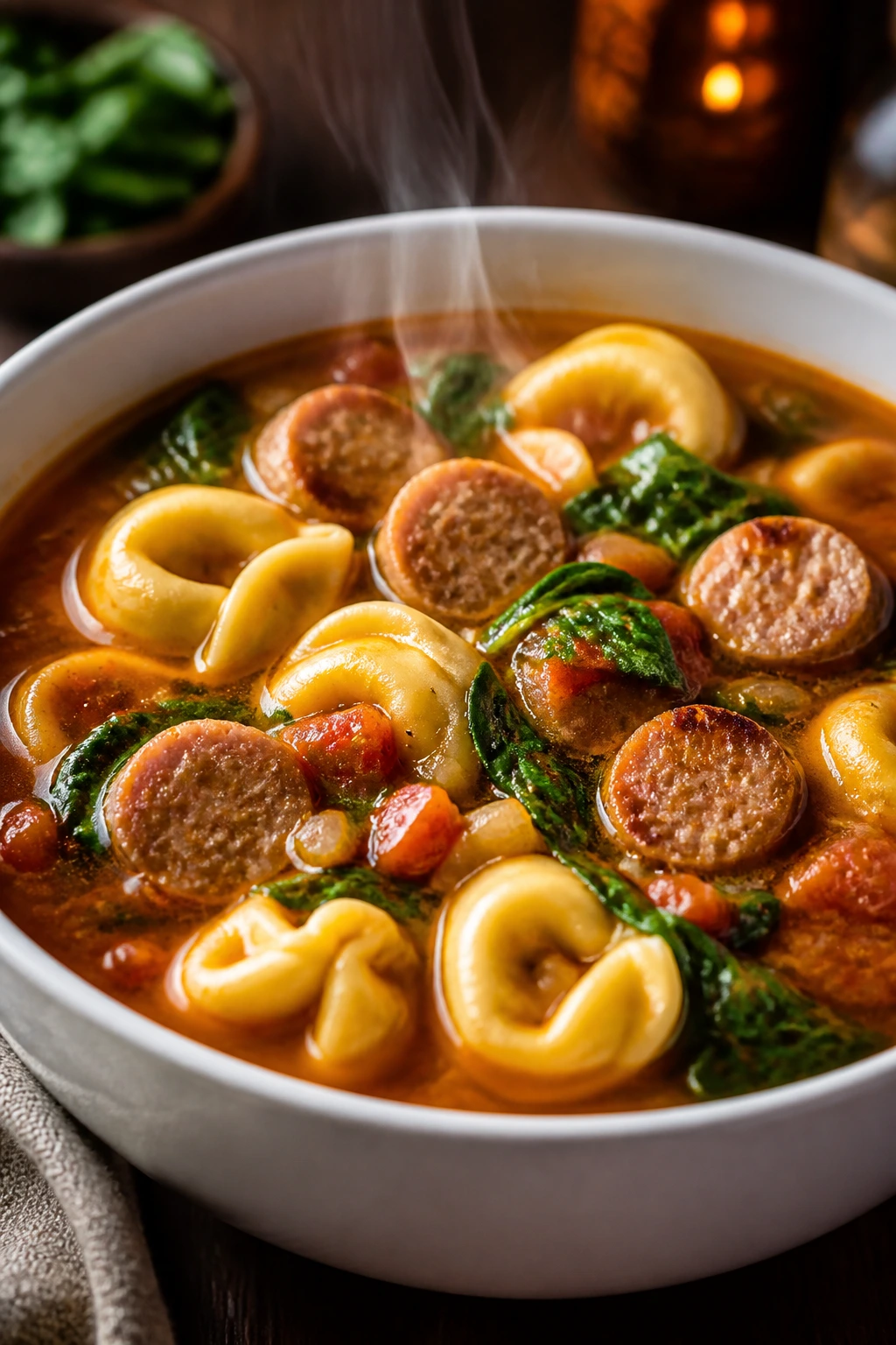 Bowl of tortellini sausage soup with spinach
