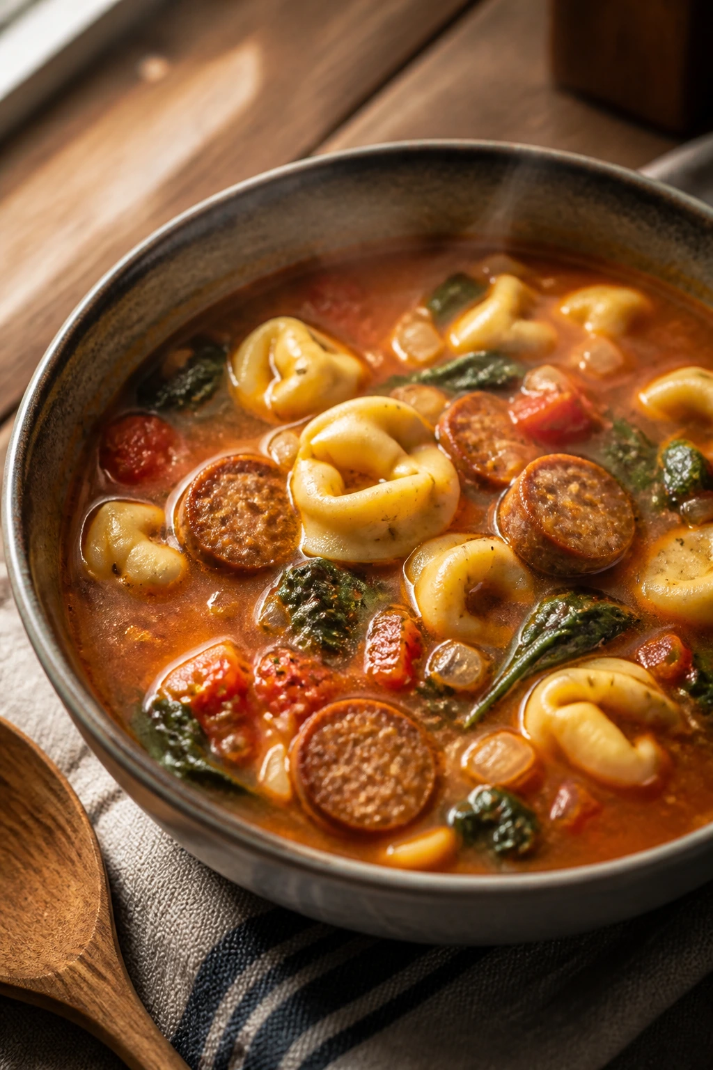 Close-up of tortellini sausage soup in a bowl with spinach