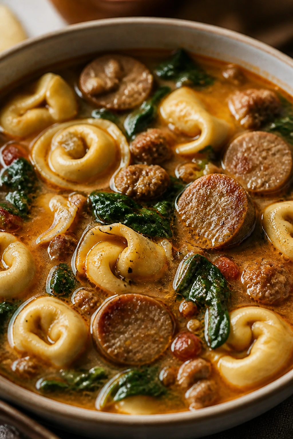 Steaming tortellini soup with sausage and spinach in a bowl