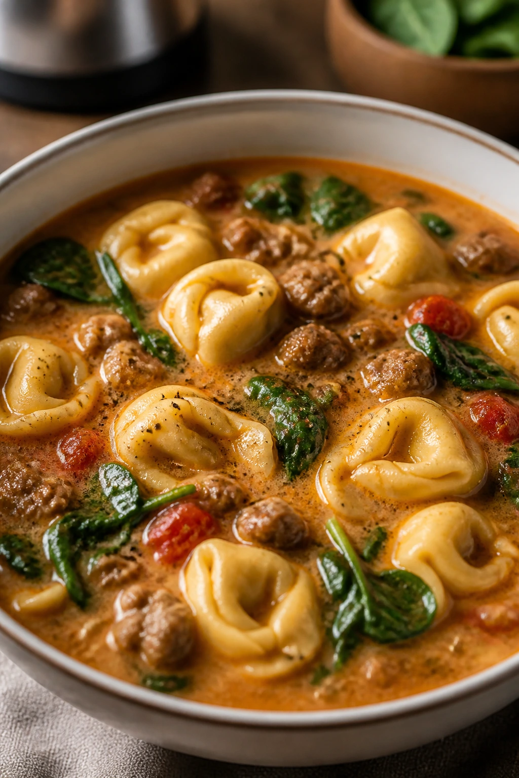 Sausage tortellini soup in a bowl with spinach
