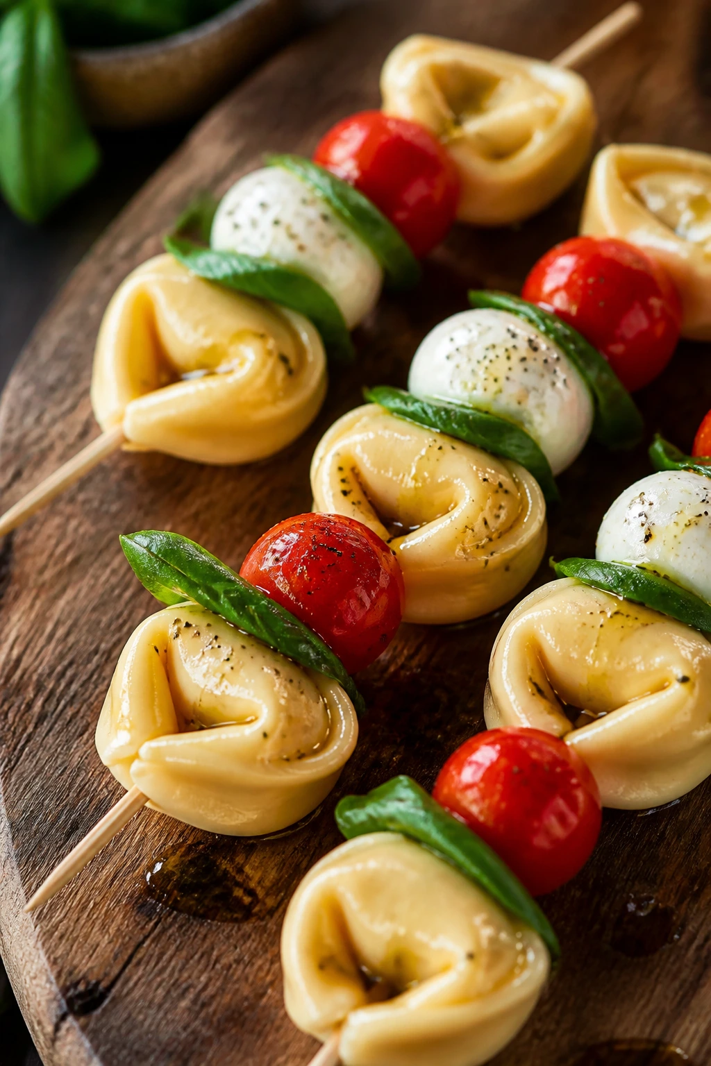 Close-up of cheese tortellini caprese skewers with tomatoes mozzarella basil on wood.