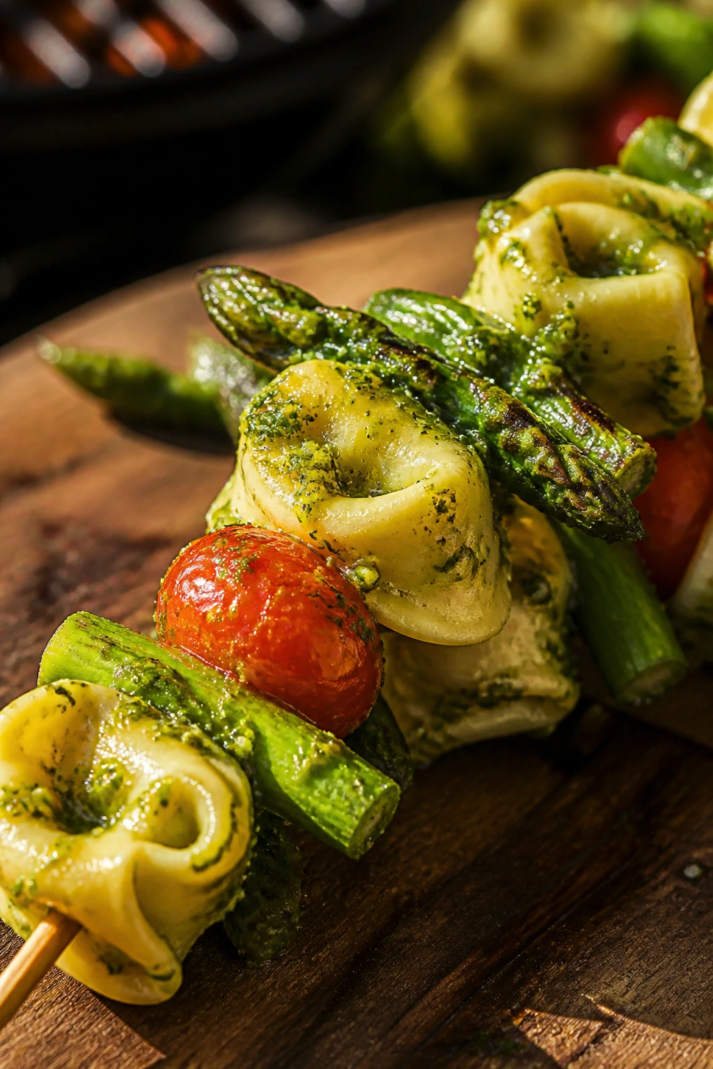 Close-up of cheese tortellini asparagus pesto skewers on a wooden board