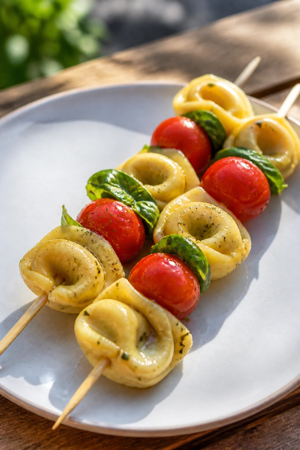 Close-up of cheese tortellini skewers on a plate
