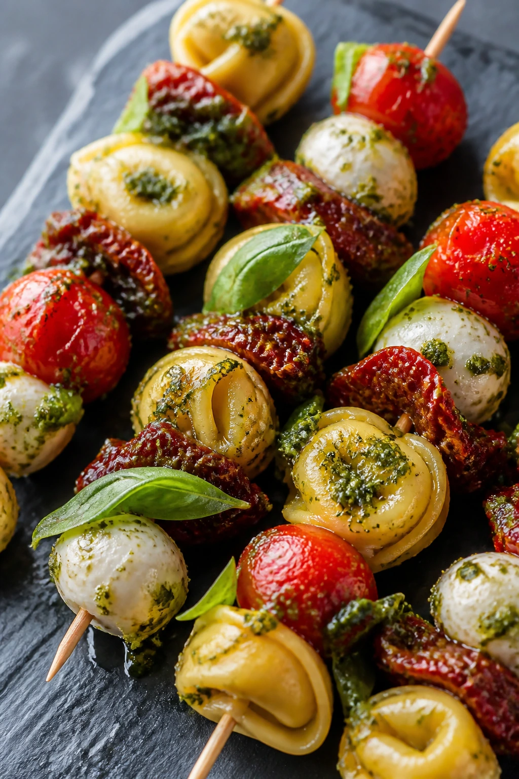 Close-up of sun-dried tomato and mozzarella tortellini skewers on slate