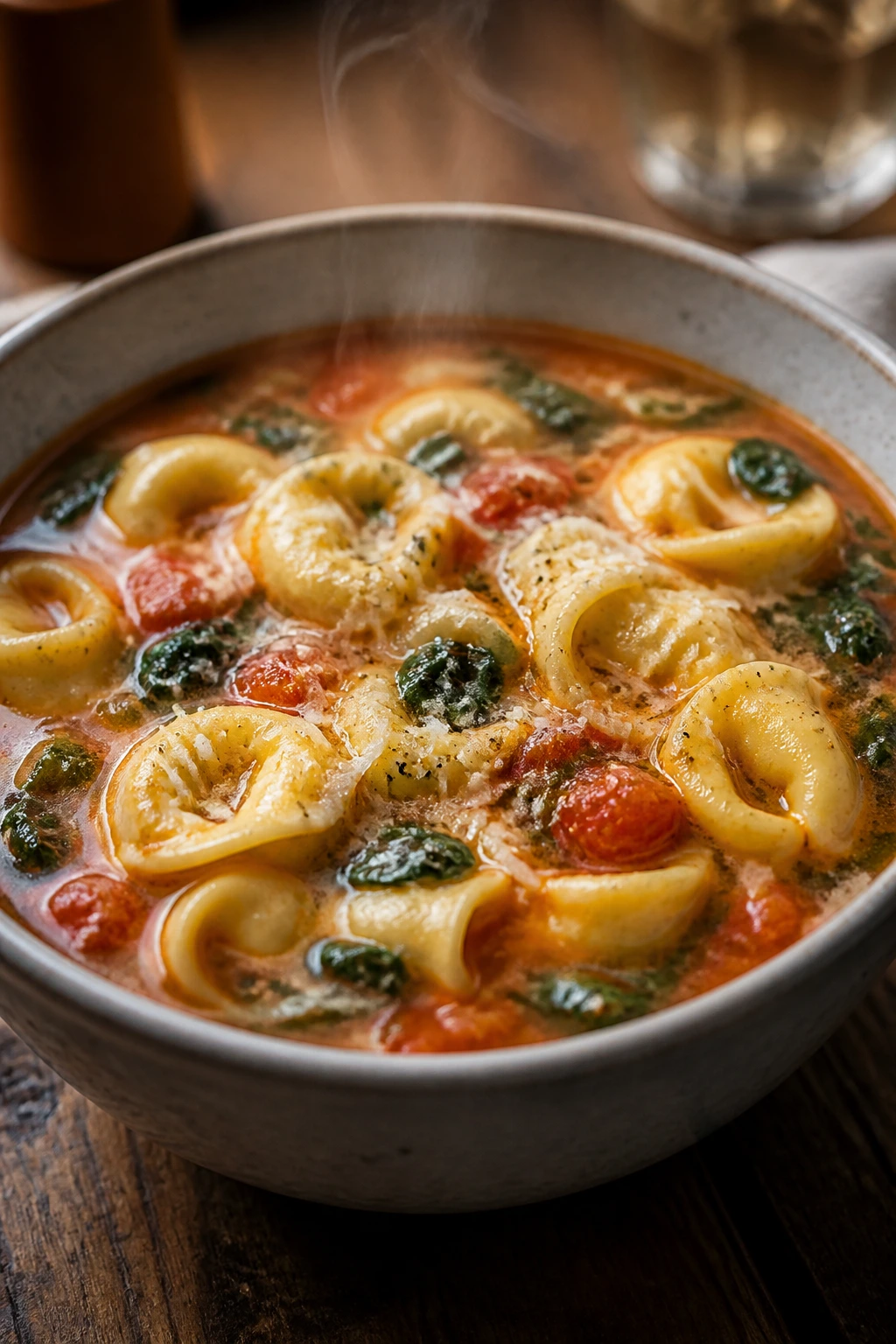 Bowl of cheese tortellini soup with spinach and tomatoes, steam rising.
