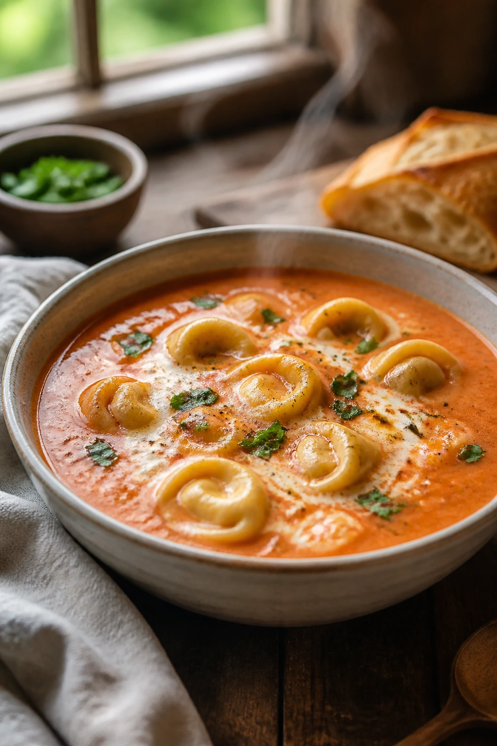 Creamy tomato tortellini soup in a bowl with herbs