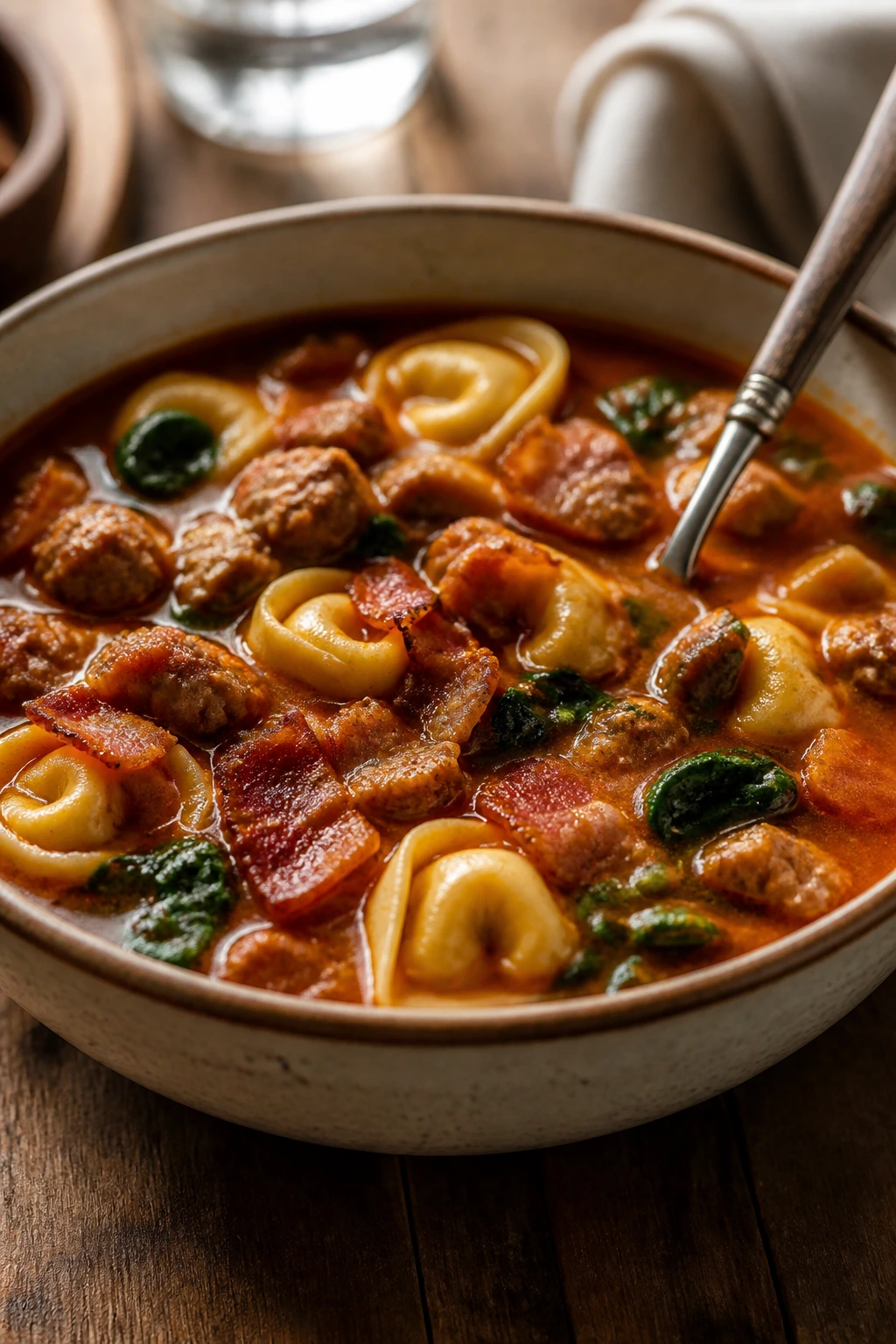Steaming bowl of sausage and bacon tortellini soup