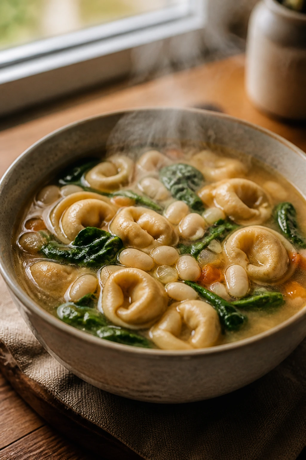 Steaming tortellini soup with white beans and spinach