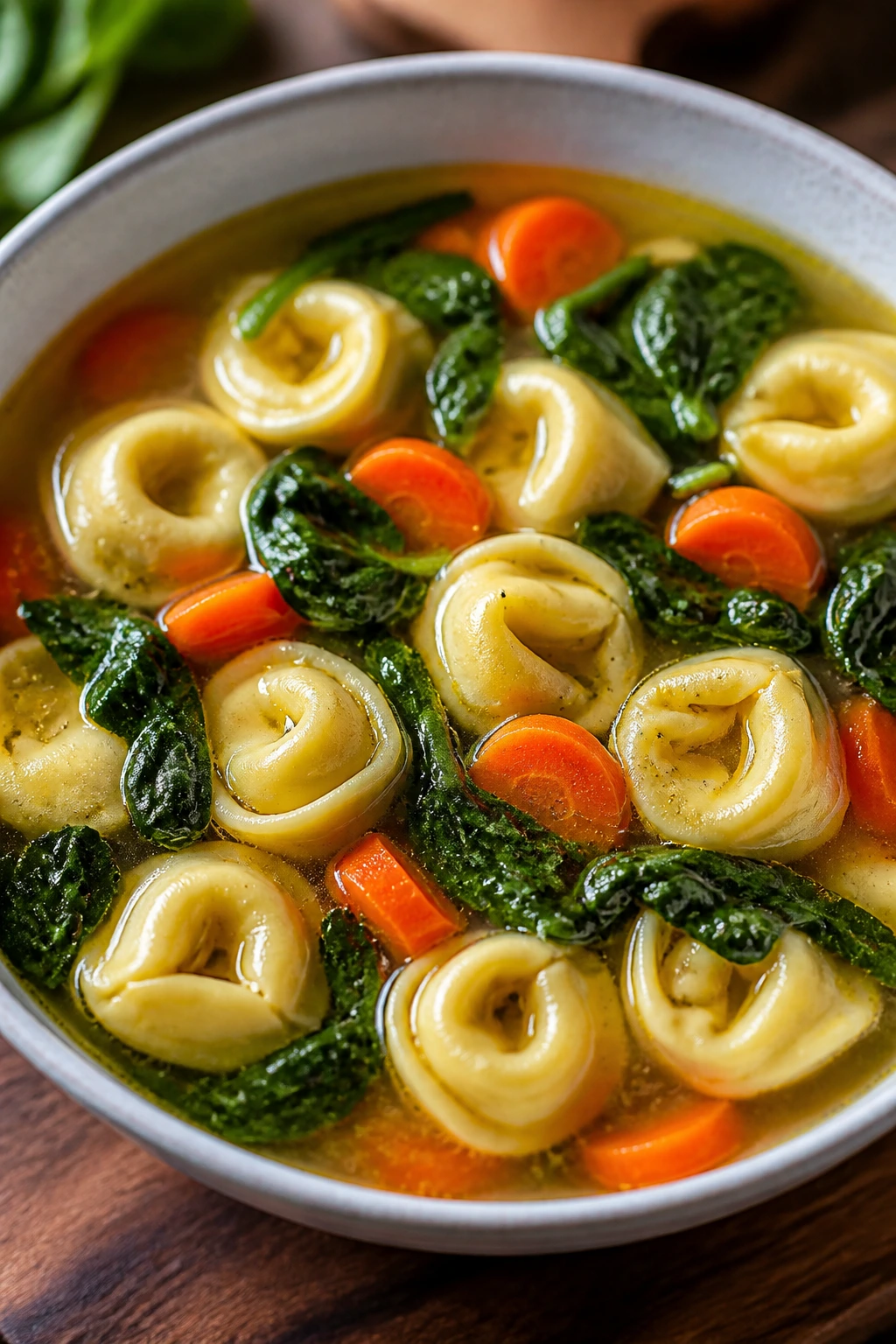 Close-up of tortellini soup with carrots and spinach in a deep bowl