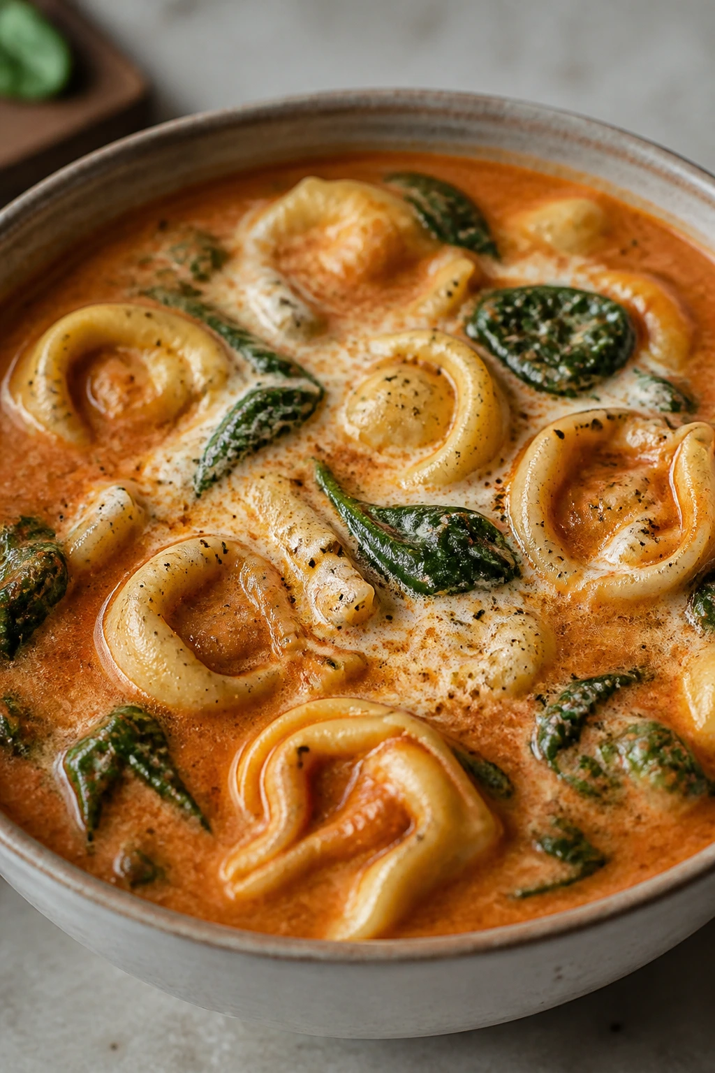 Steaming bowl of creamy tomato tortellini soup with spinach