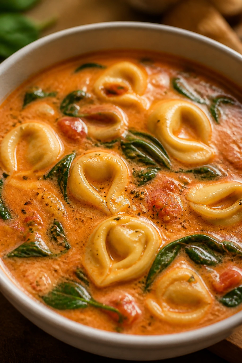 Close-up of creamy tomato tortellini soup in a bowl