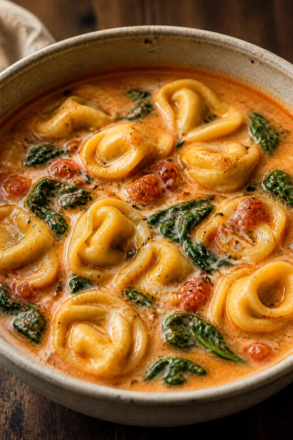 Close-up of creamy tomato tortellini soup with spinach in a bowl