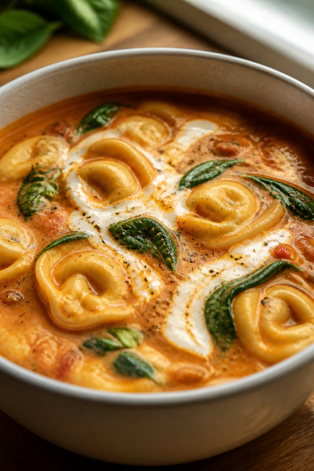 Creamy tomato tortellini soup in a bowl with spinach