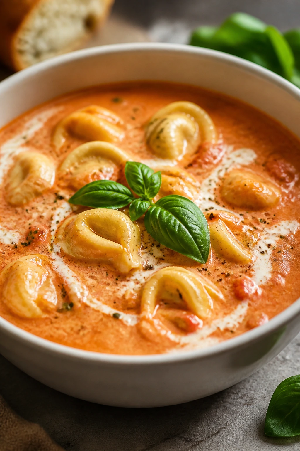 Creamy tomato tortellini soup in a bowl with tortellini