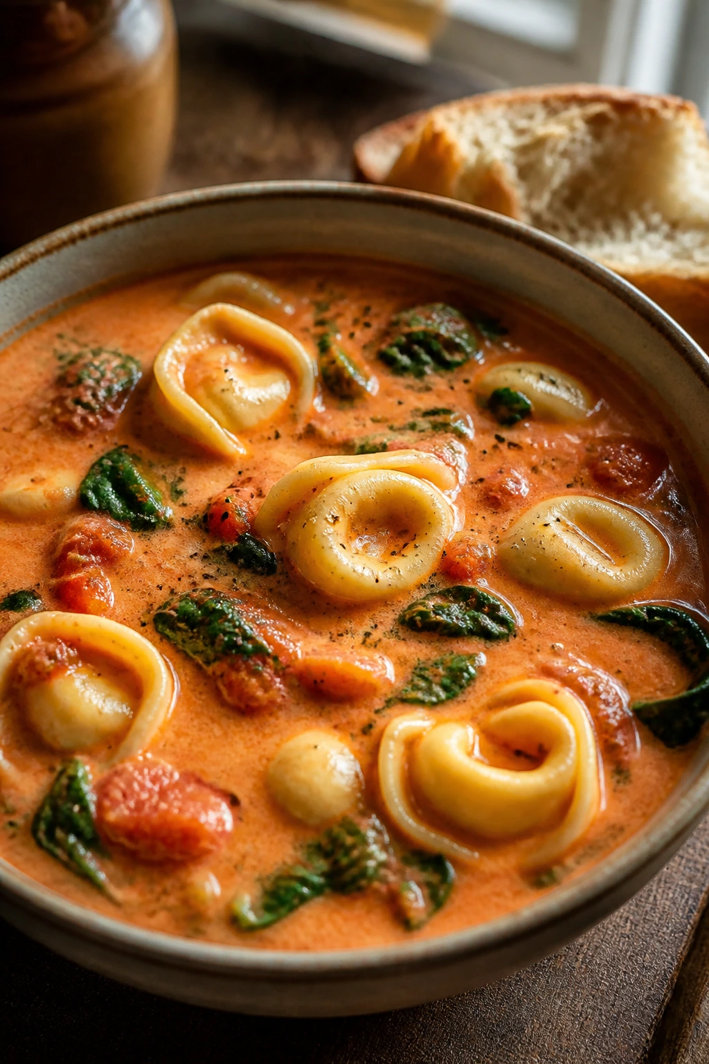 Close-up of creamy tomato tortellini soup in a bowl