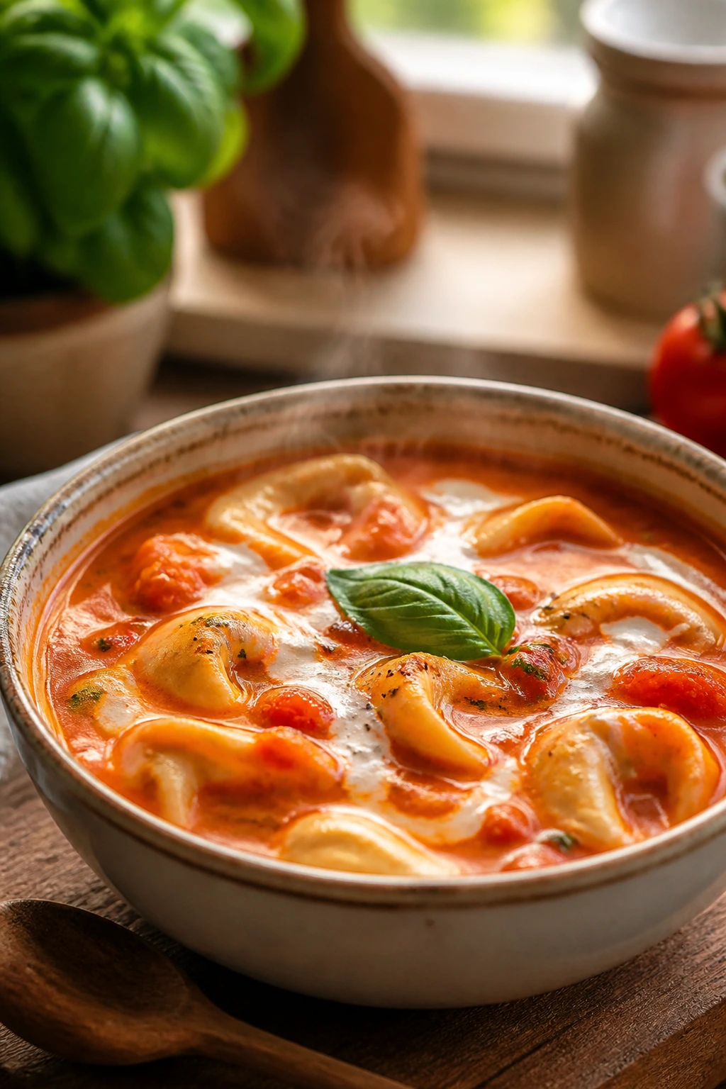 Close-up of Creamy Tomato Tortellini Soup in a bowl with tortellini and cream swirl