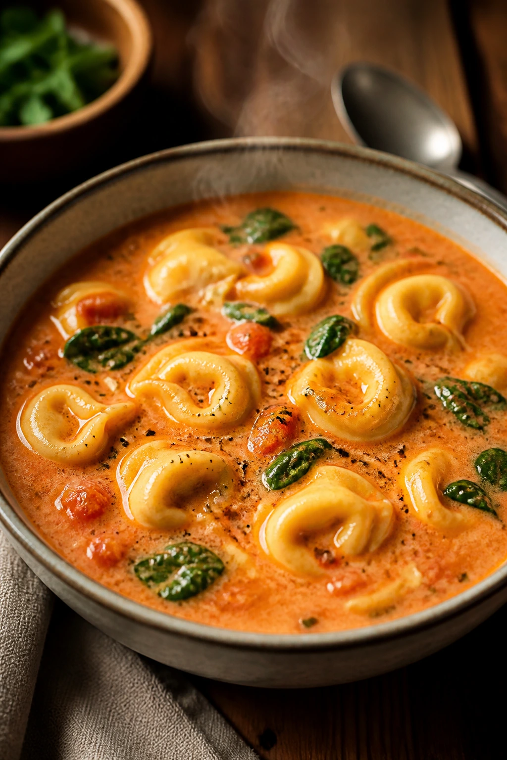 Creamy tomato tortellini soup in a bowl with visible tortellini and spinach