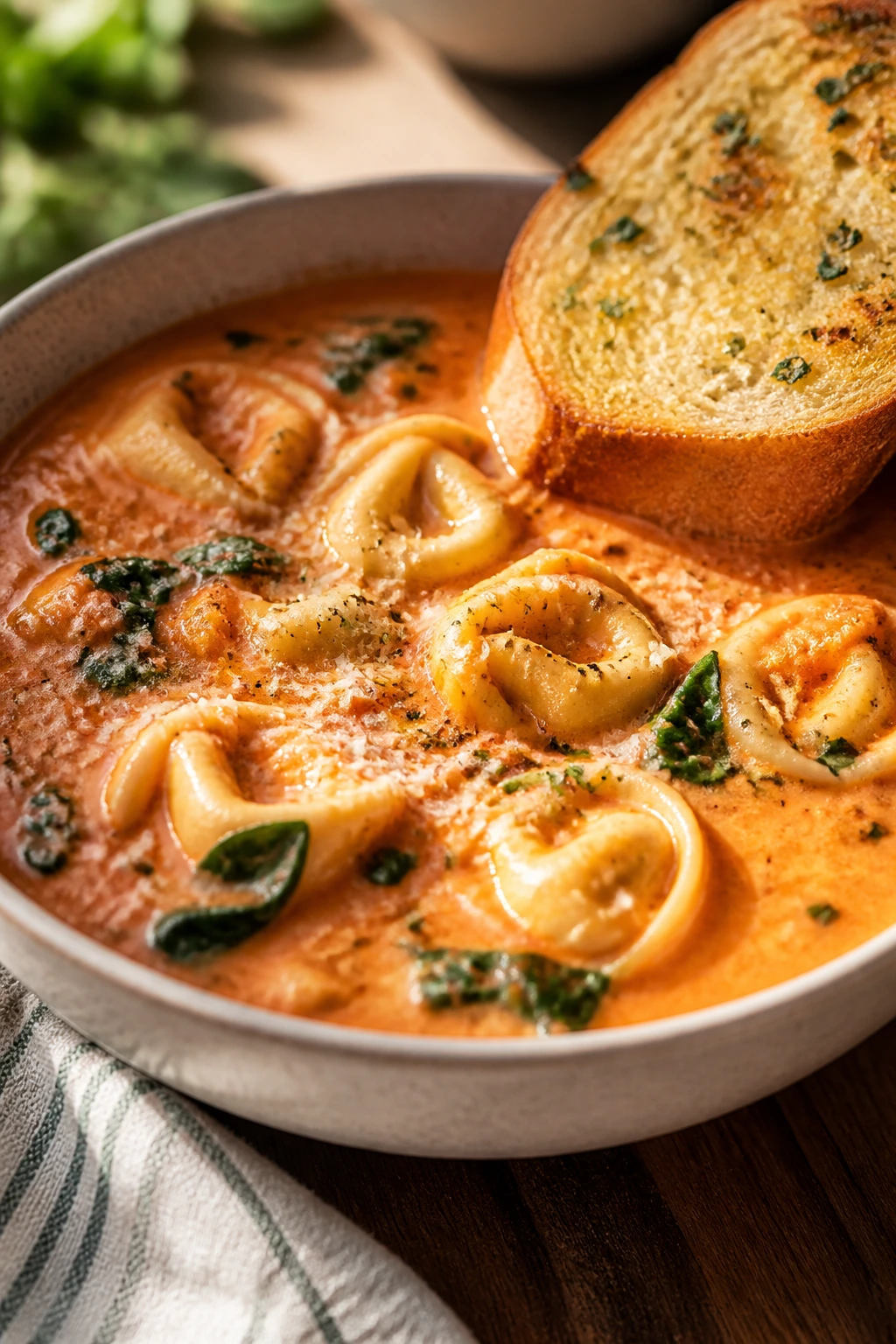 Creamy tomato tortellini soup with garlic bread in a cozy kitchen setting