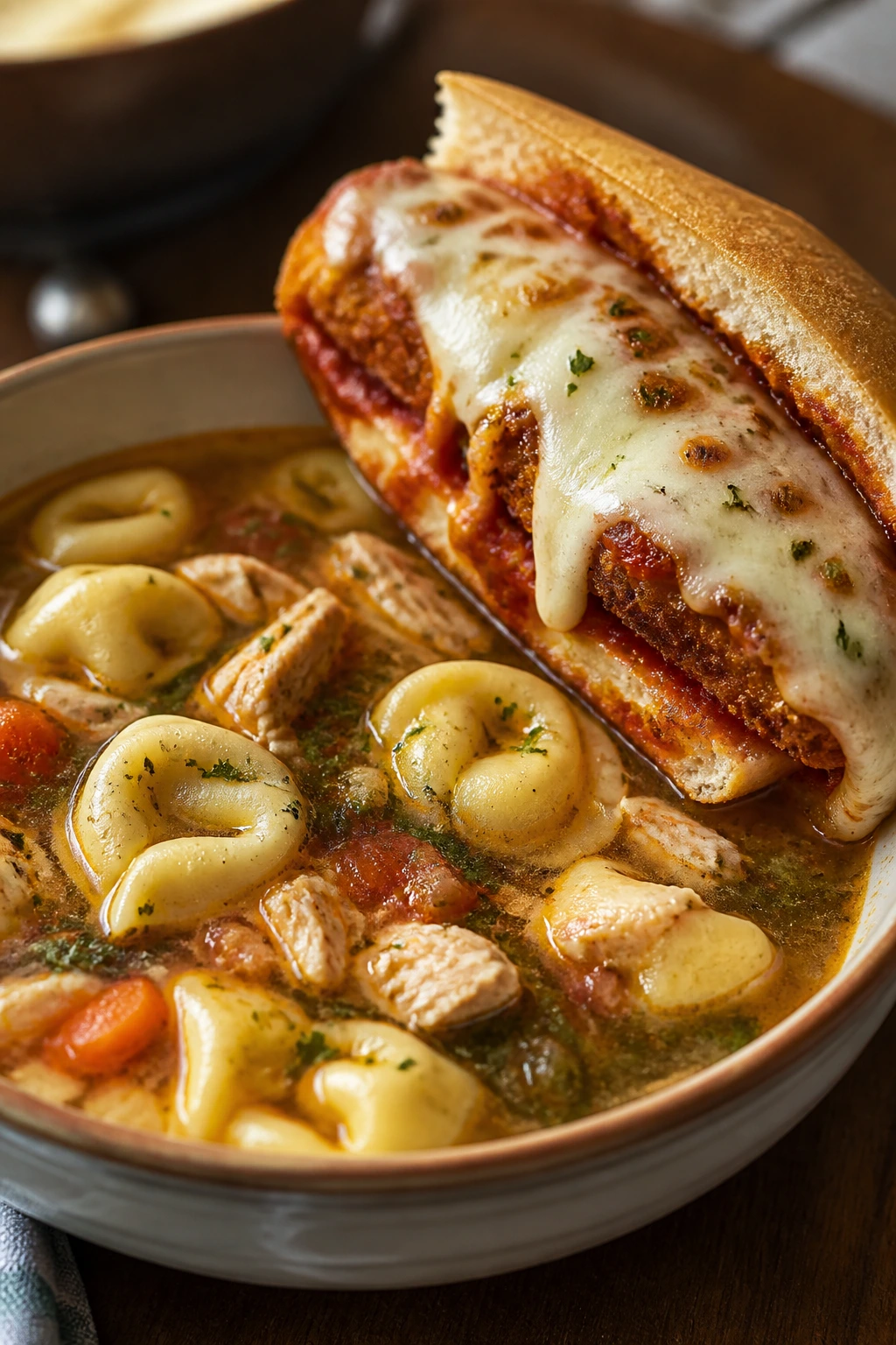 Close-up of chicken tortellini soup with chicken parmesan hoagie