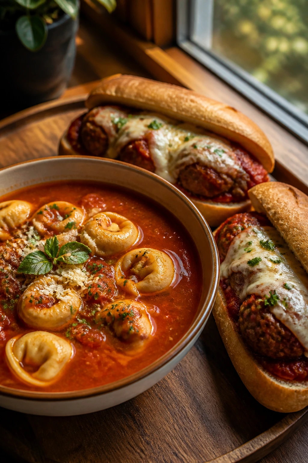 Bowl of smoky tomato tortellini soup with meatball subs on a wooden tray