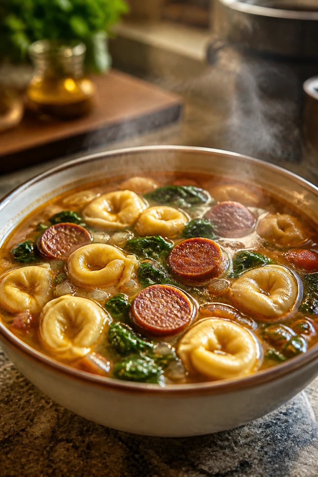 Bowl of smoked sausage tortellini soup with spinach