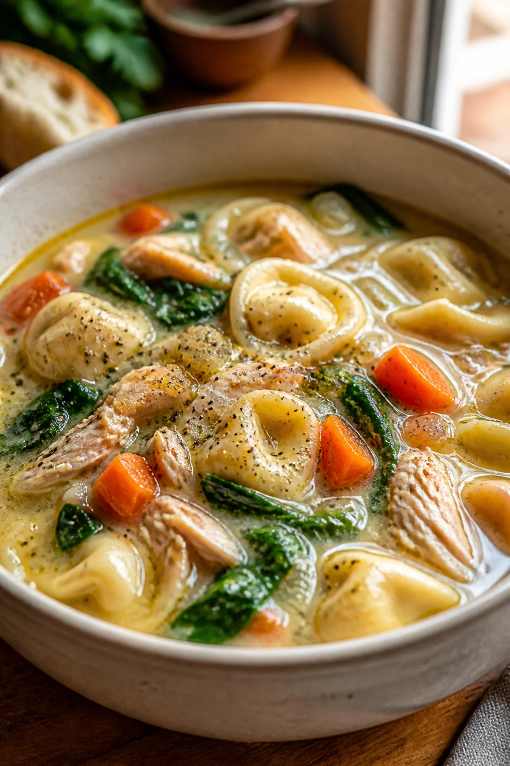 Cozy chicken tortellini soup in a bowl with spinach.