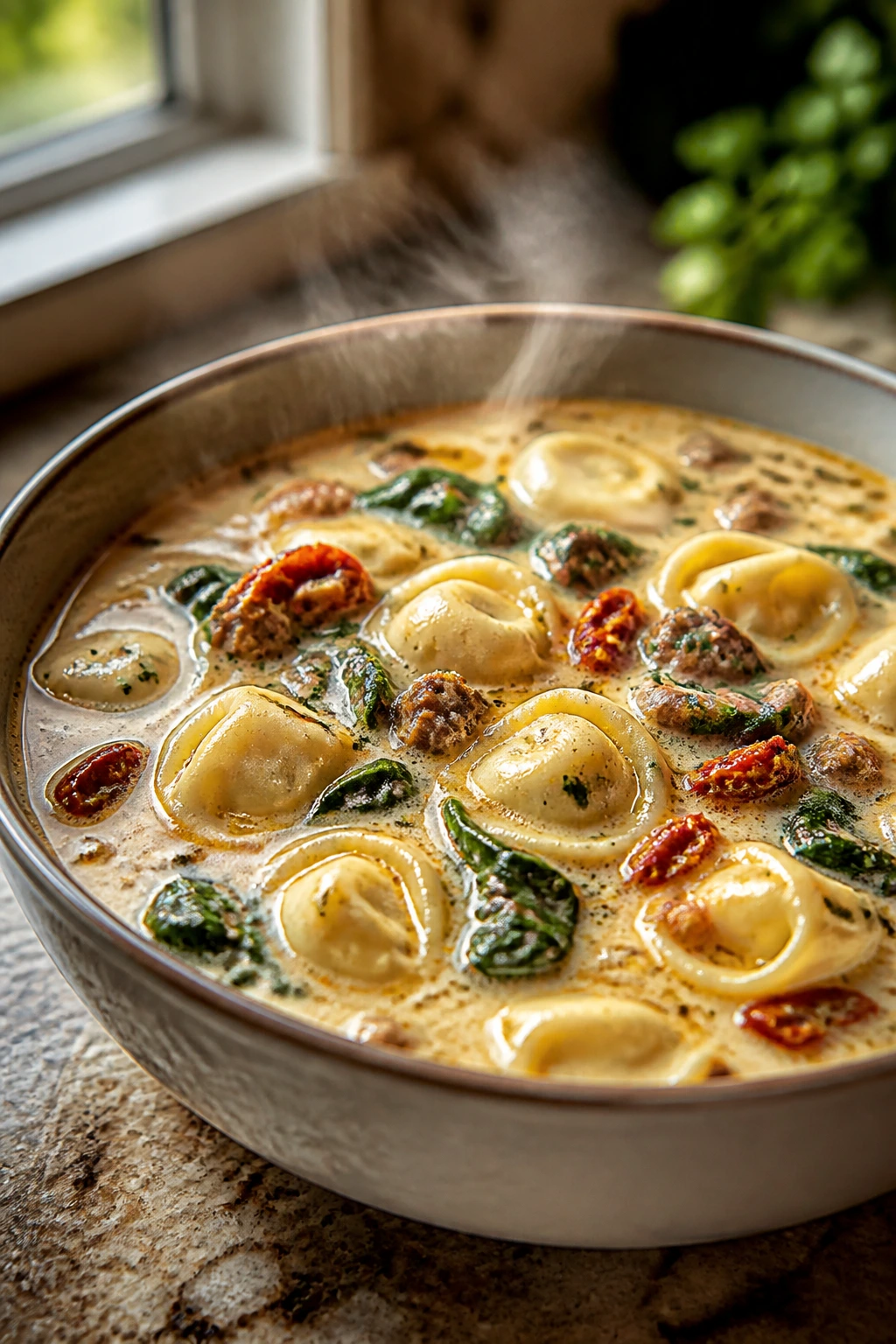 Close-up of Creamy Tuscan Tortellini Soup in a bowl