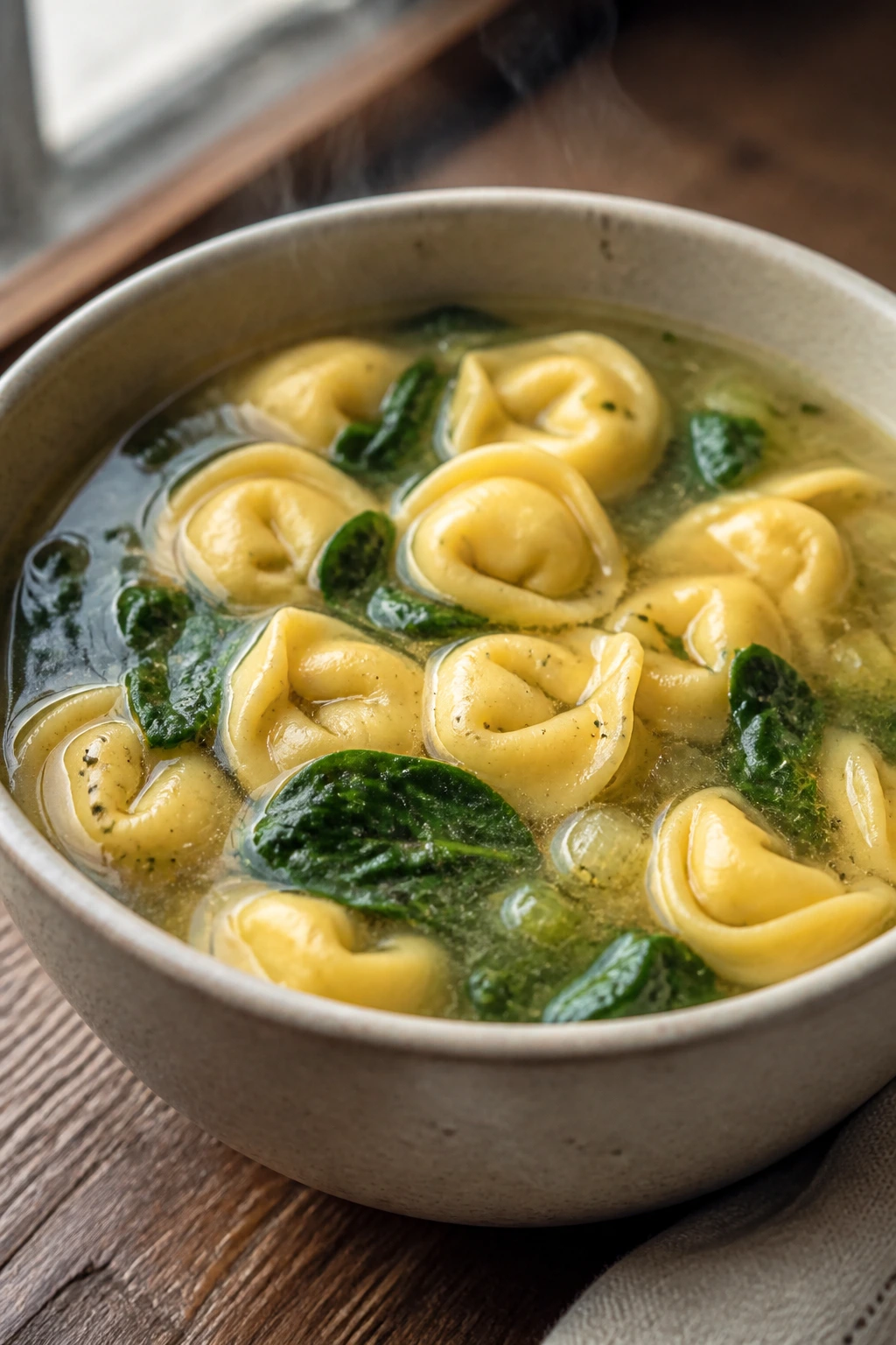 Steaming bowl of tortellini soup on a wooden table