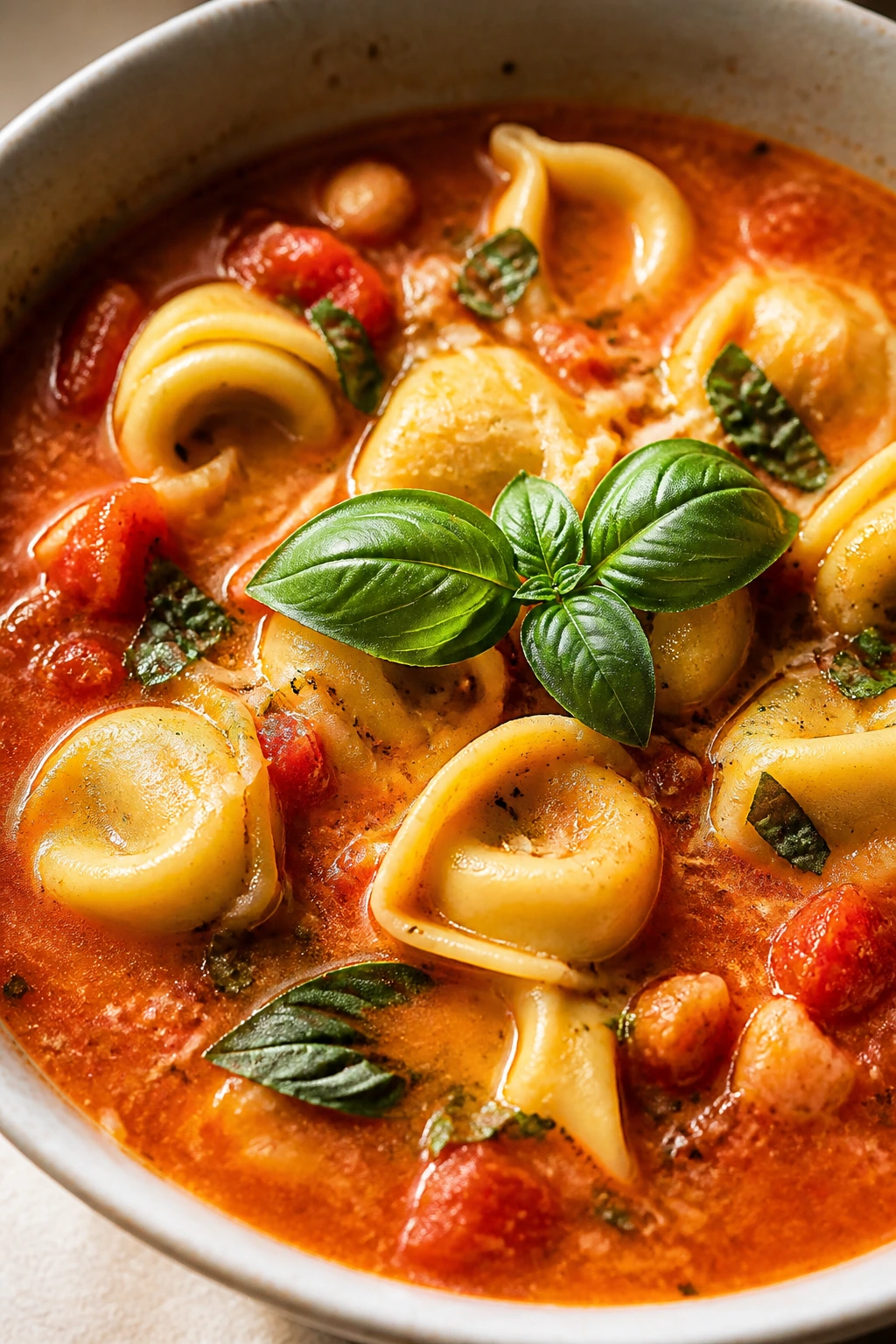 Close-up of Tomato Basil Tortellini Soup with tortellini and fresh basil in tomato broth