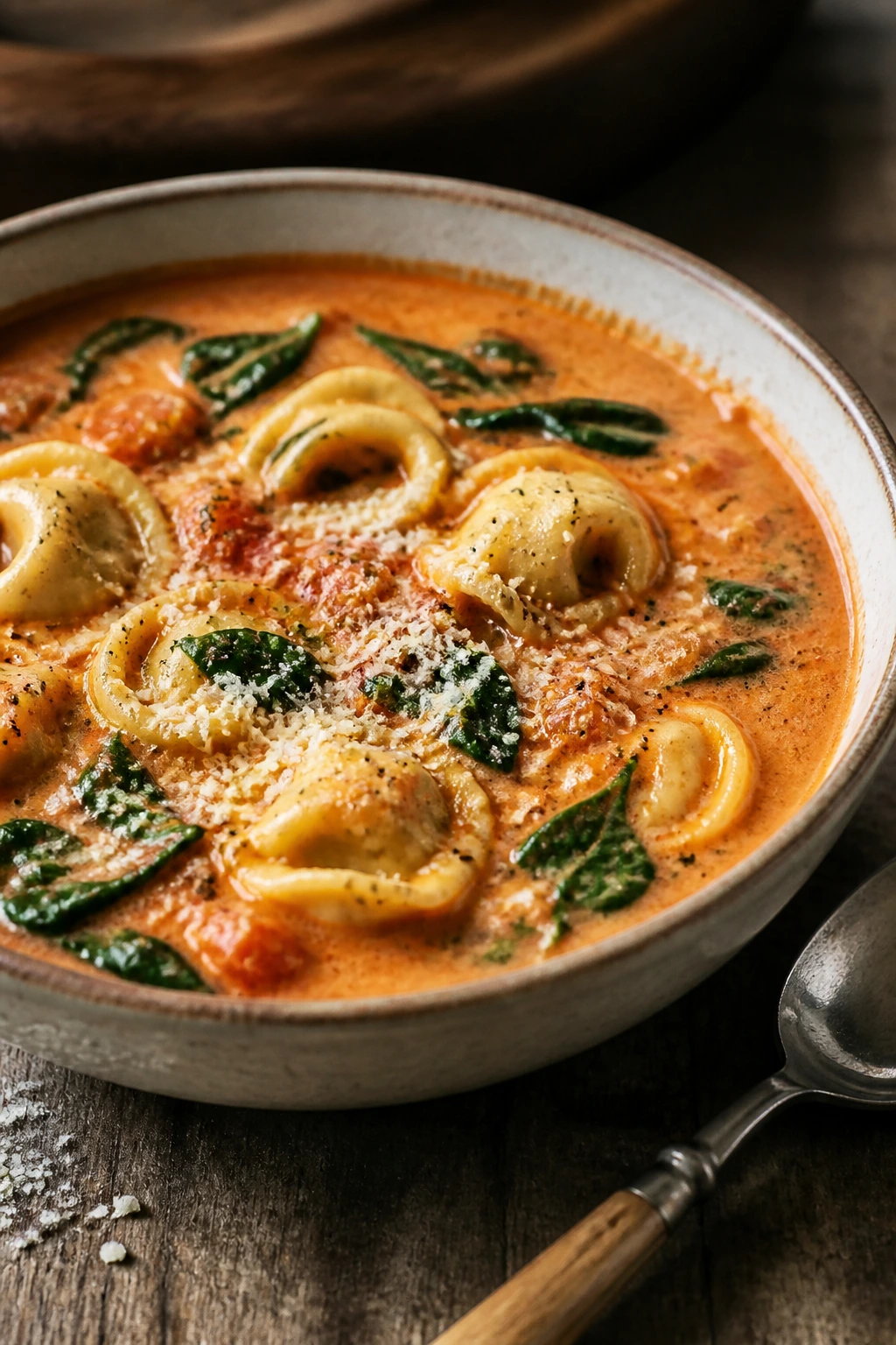 Close-up of creamy tomato tortellini soup with spinach and Parmesan