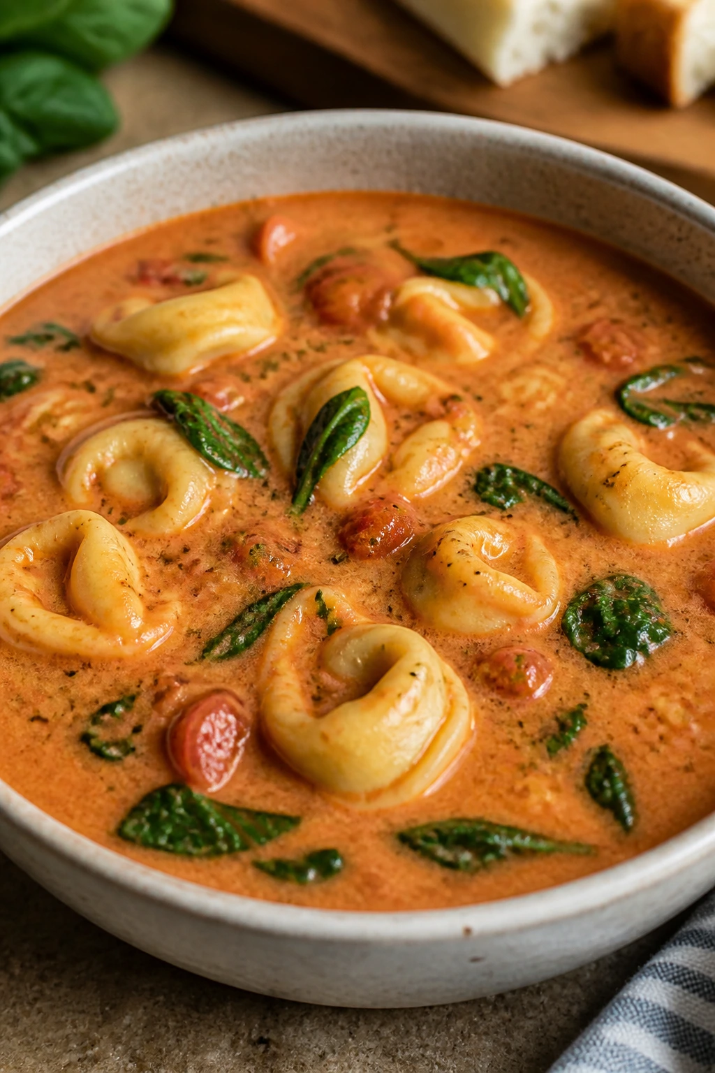 Creamy tomato tortellini soup with cheese tortellini in a bowl