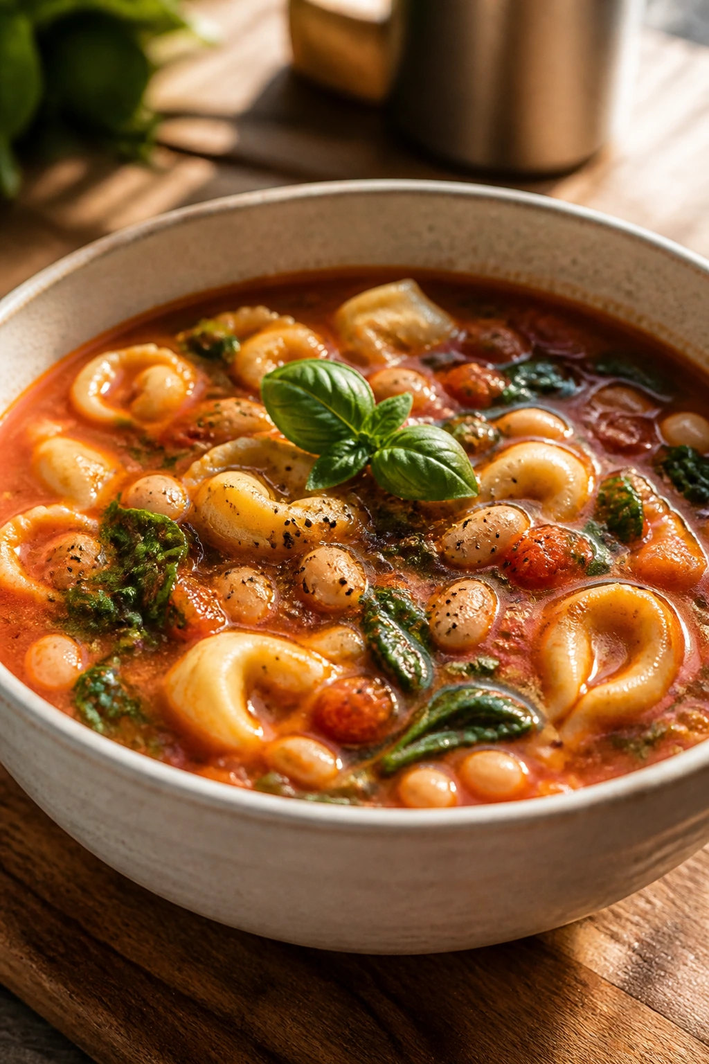 Steaming tomato basil tortellini soup with white beans in a bowl