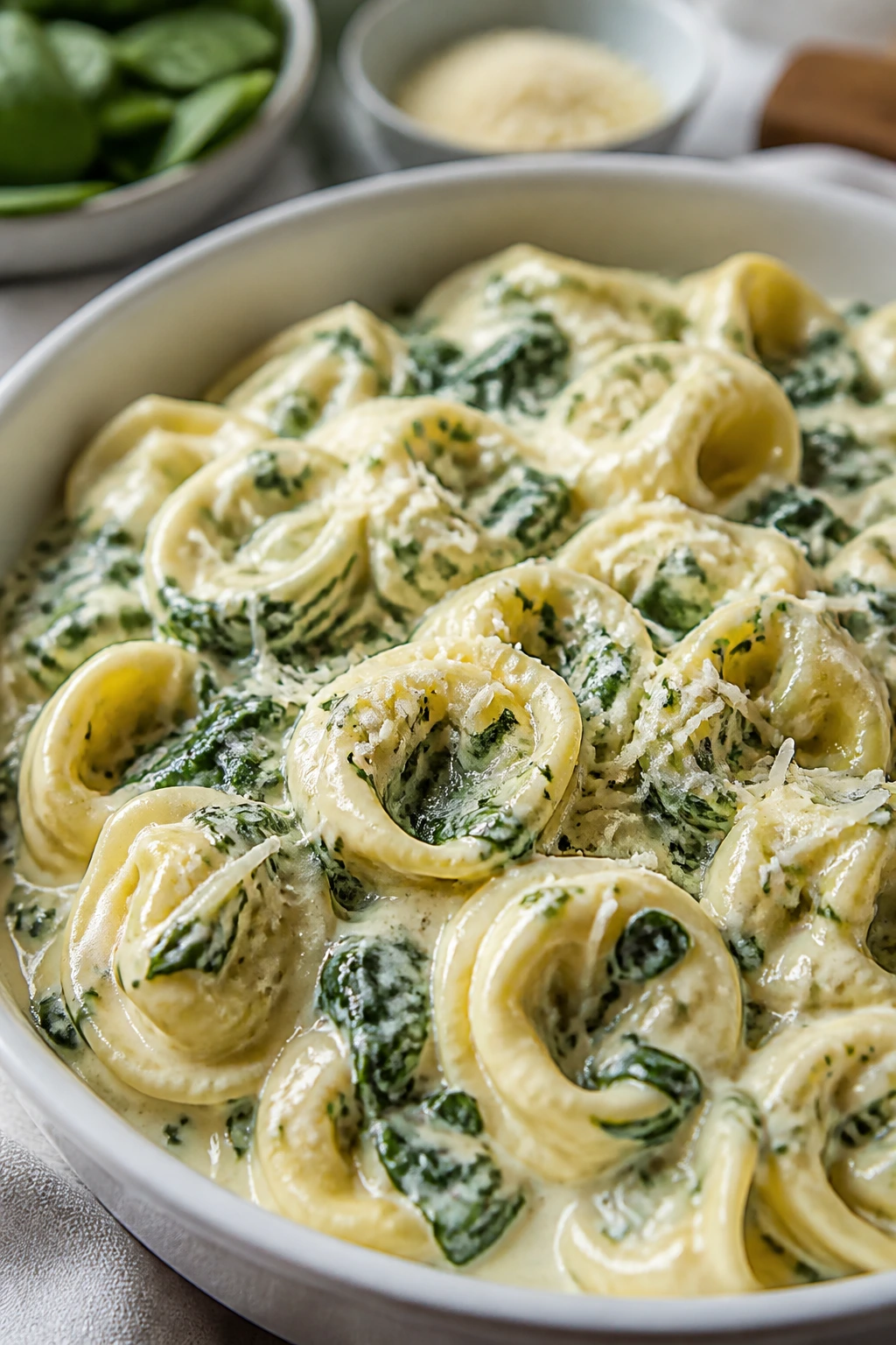 Creamy spinach tortellini in a bowl on a bright kitchen table