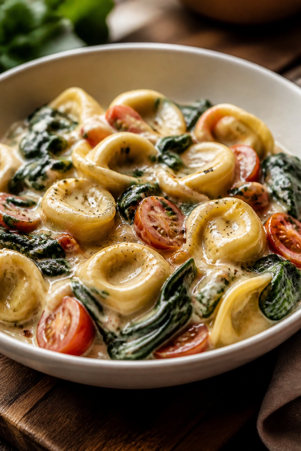 Close-up of creamy Tuscan tortellini with spinach in a bowl