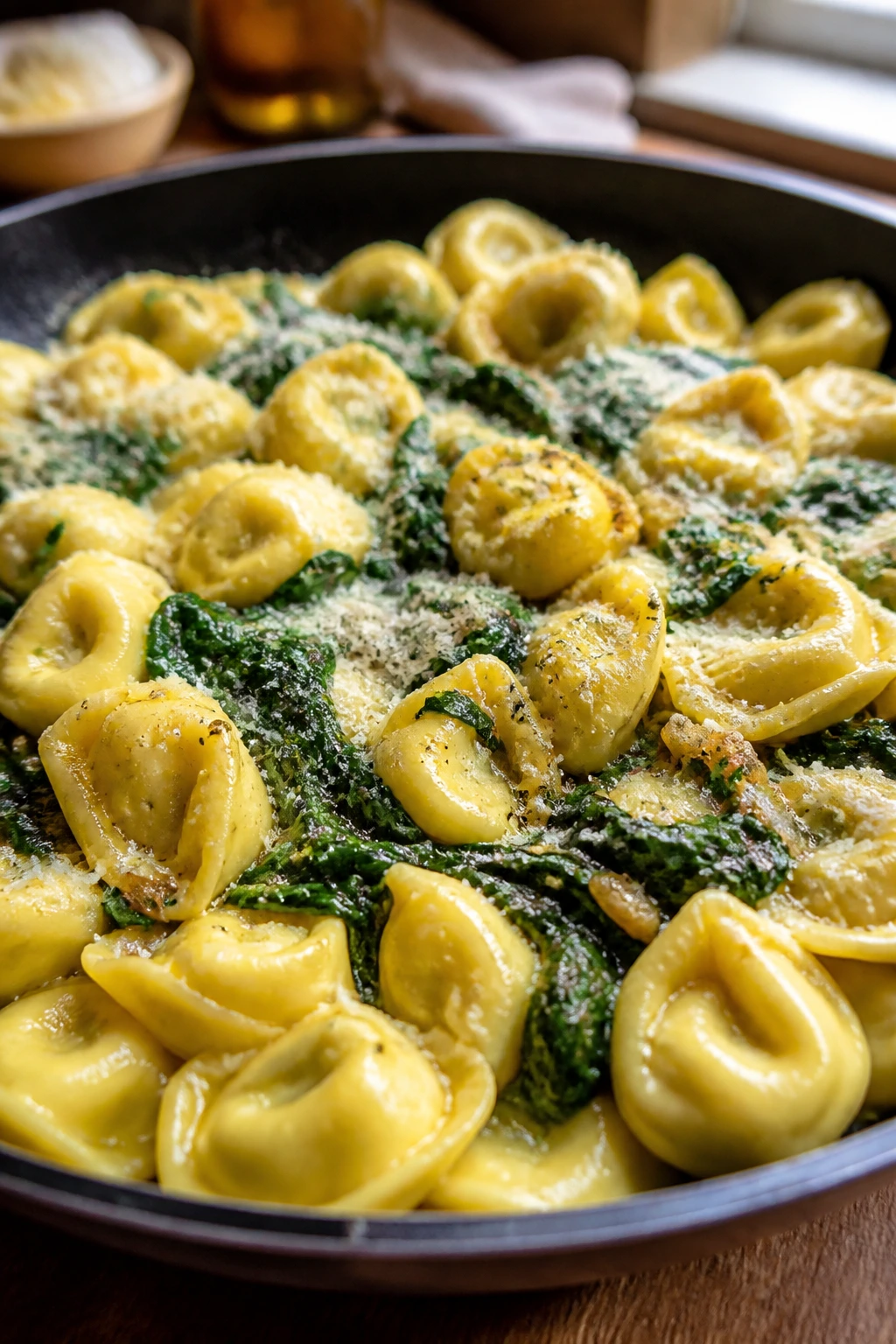Close-up of garlic butter tortellini with spinach on a wooden table