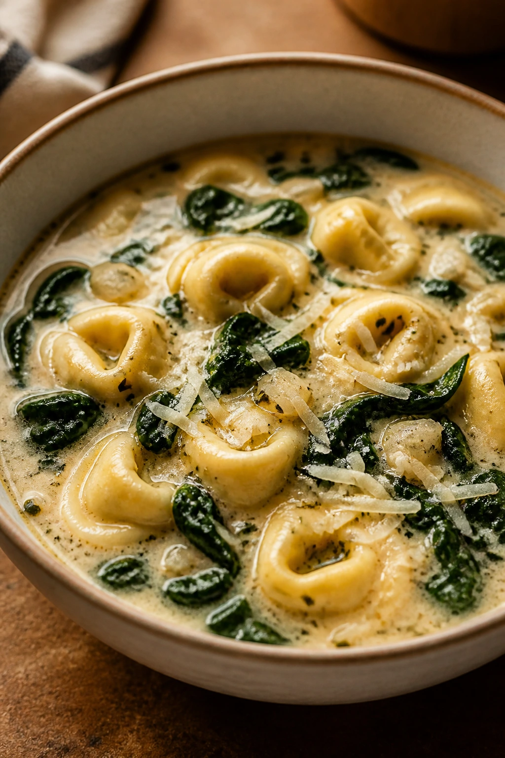 Close-up of tortellini and spinach in creamy soup in a bowl