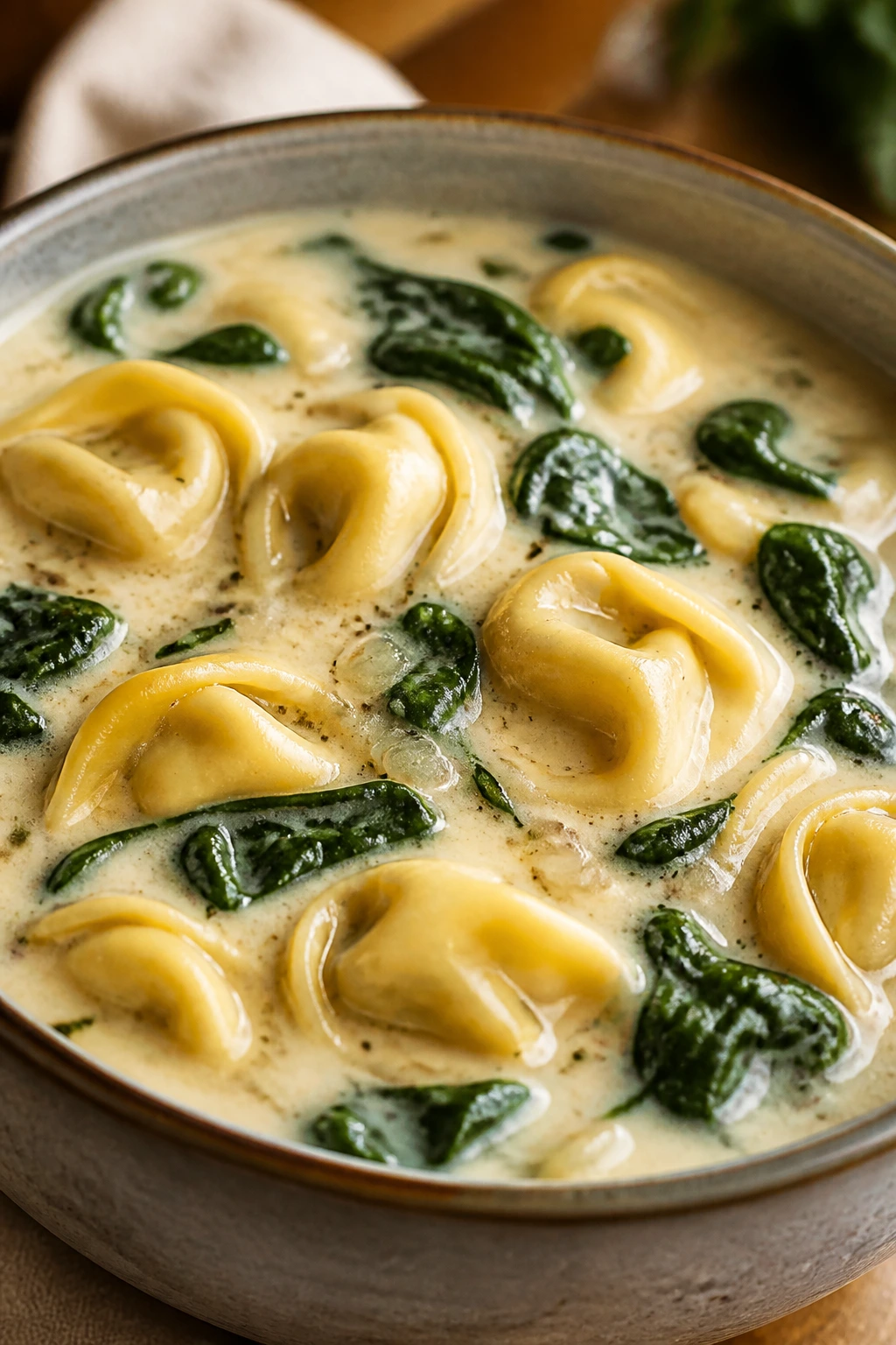 Creamy tortellini and spinach soup in a bowl
