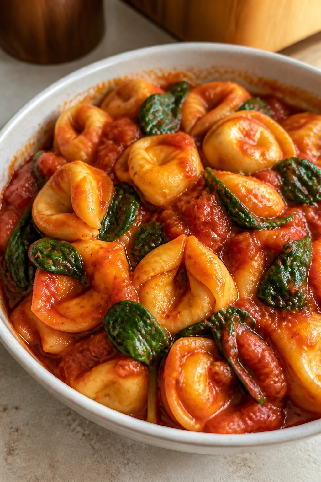 Bowl of spinach tortellini in tomato sauce