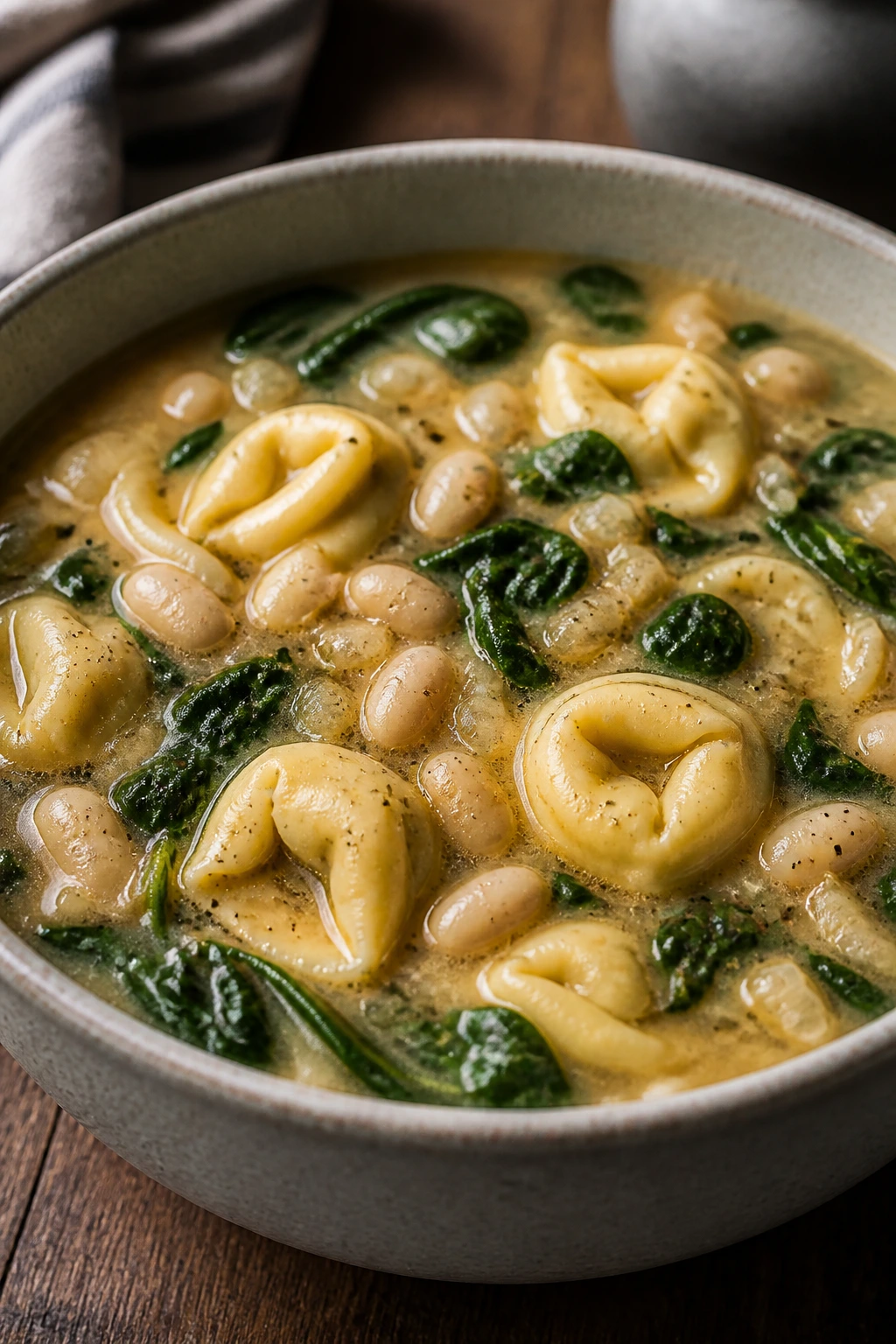 Close-up of tortellini soup with spinach and white beans in a rustic bowl