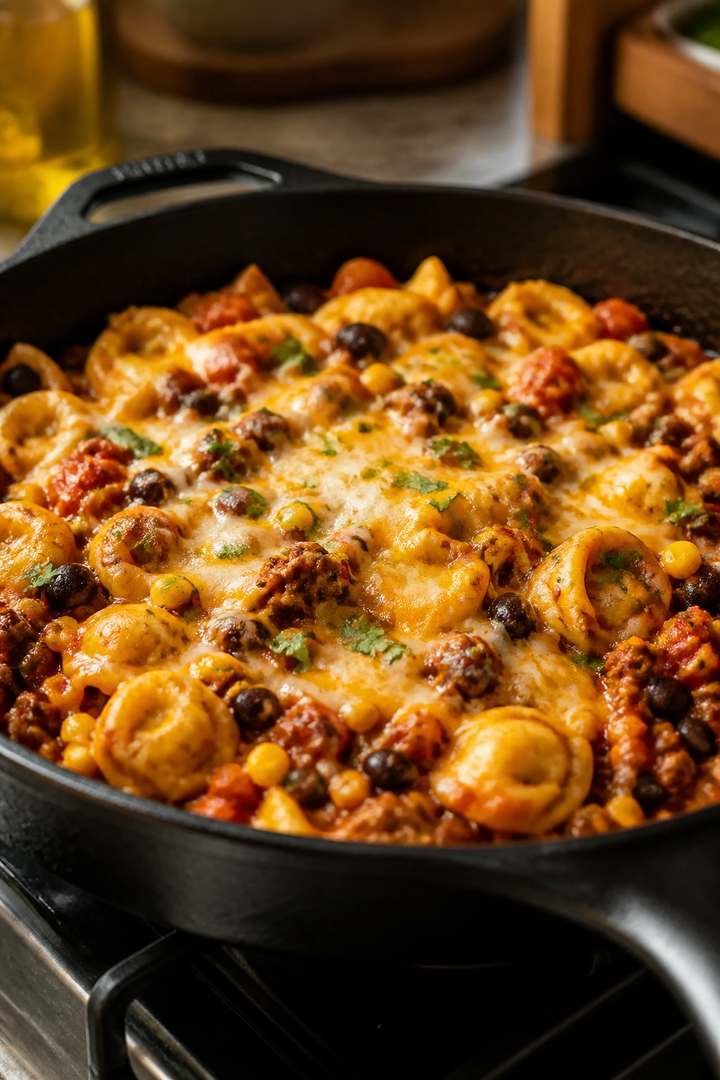 Taco-inspired tortellini in a cast-iron skillet with salsa and melted cheese