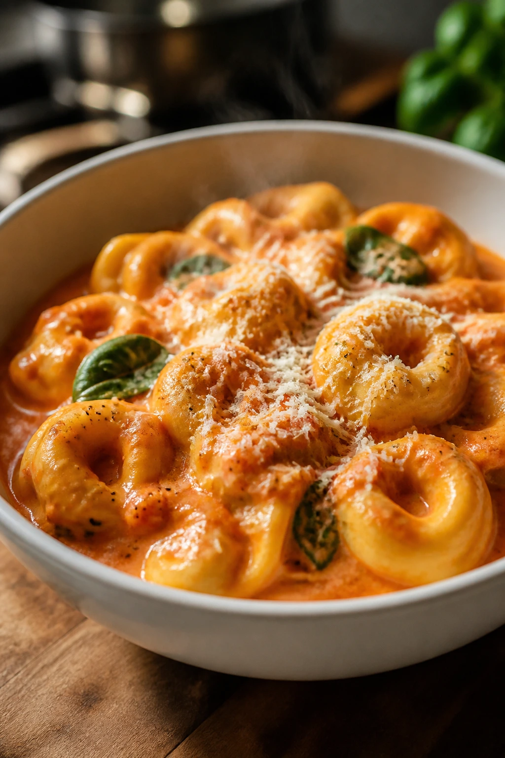 Creamy tomato cheese tortellini in a bowl with spinach