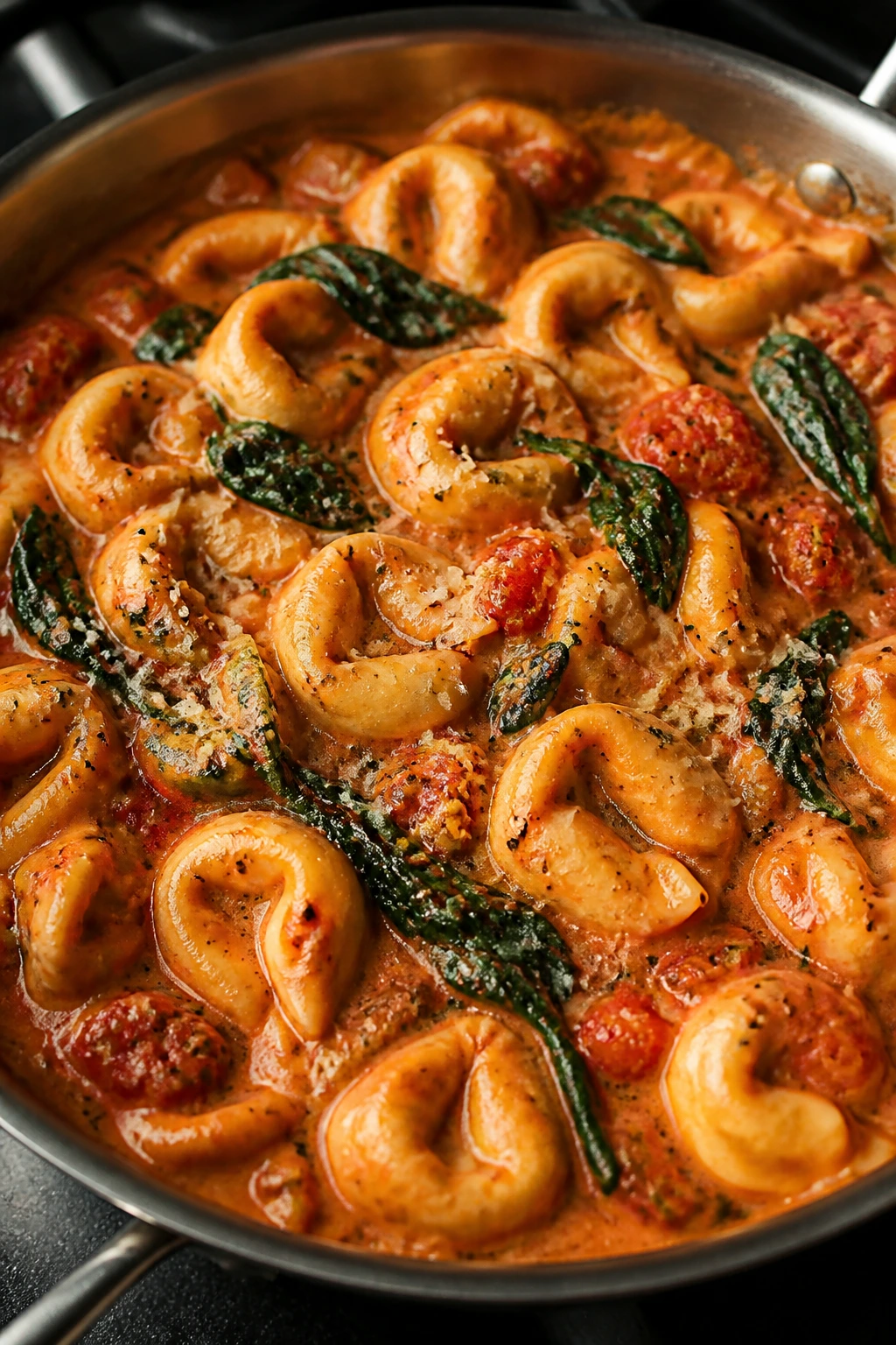 Creamy tomato tortellini with spinach in a pan