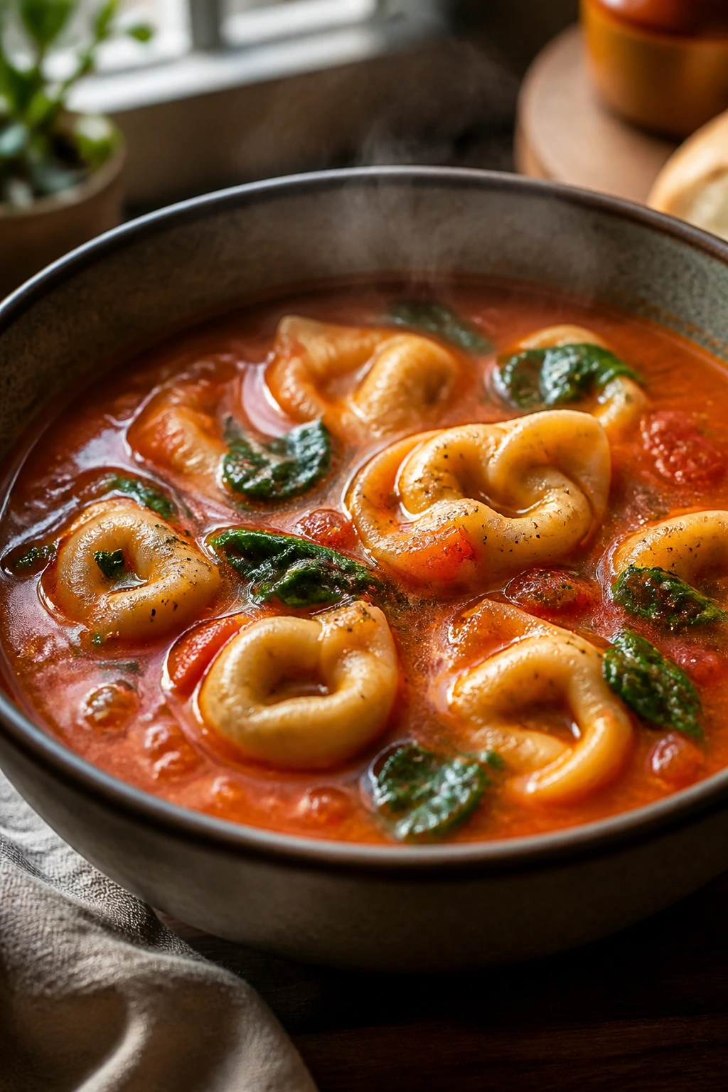 Close-up of tortellini and spinach in tomato soup in a bowl