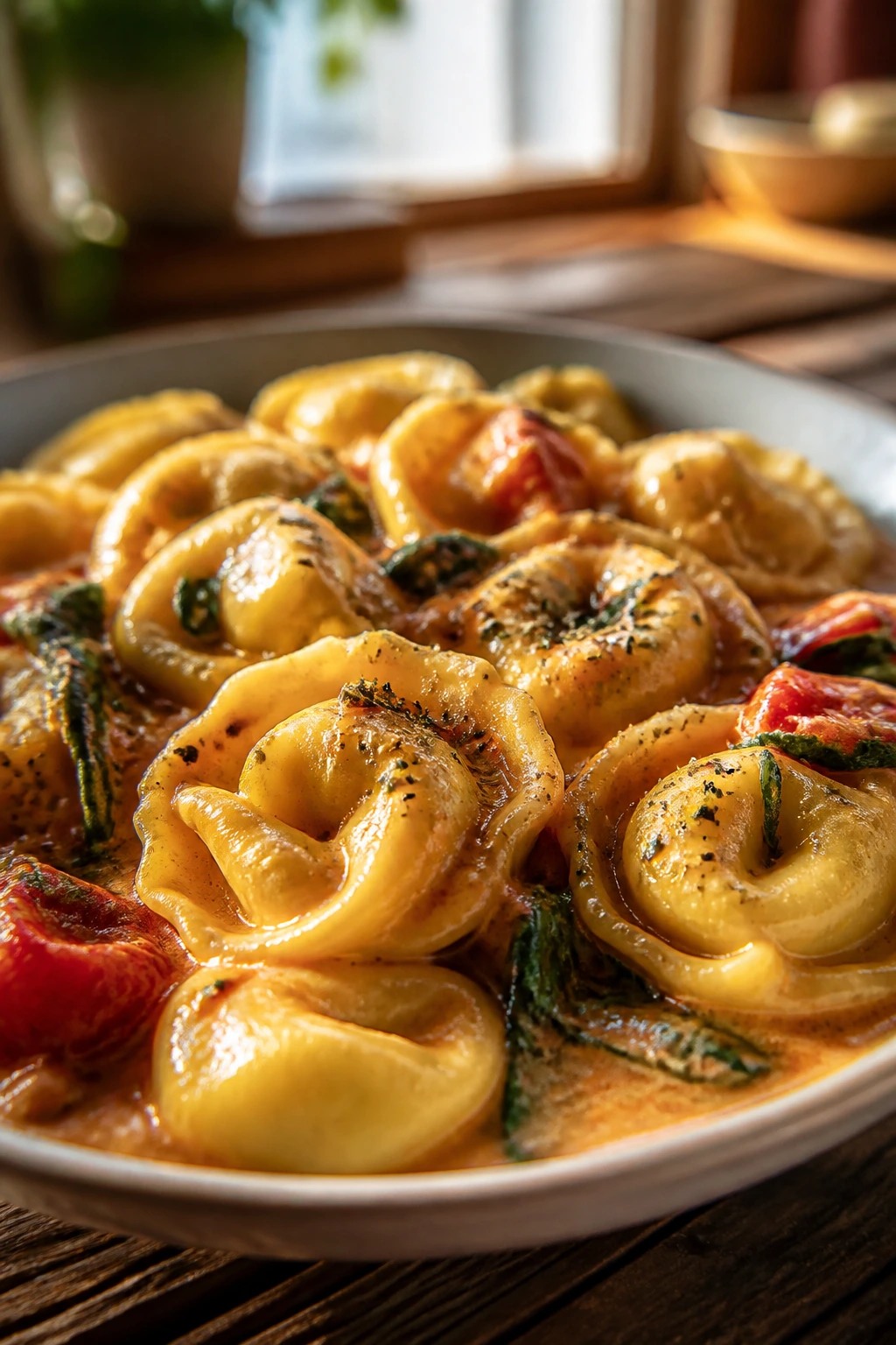 Close-up of tortellini in a glossy sauce on a rustic plate